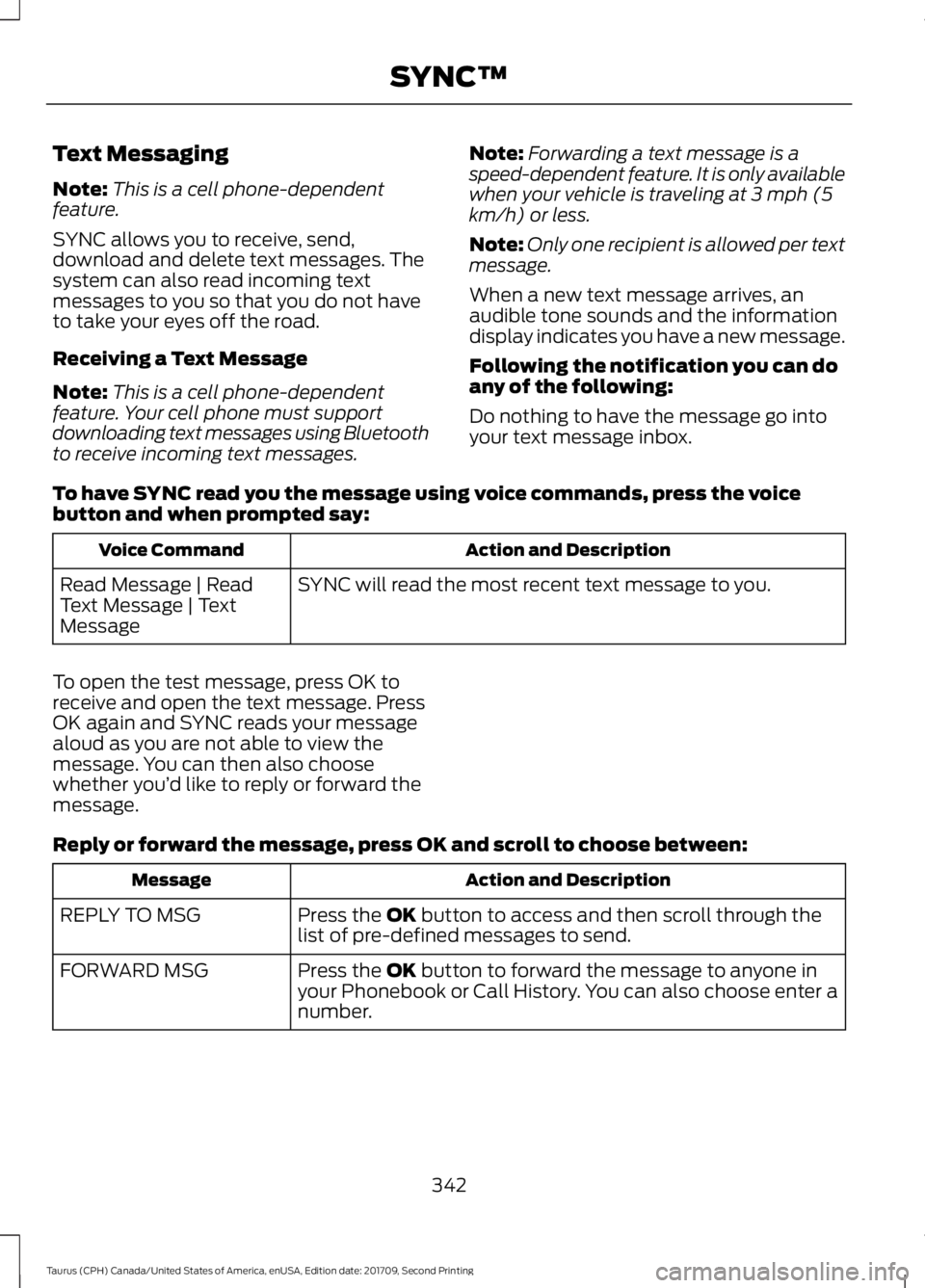 FORD TAURUS 2018 Owners Manual Text Messaging
Note:
This is a cell phone-dependent
feature.
SYNC allows you to receive, send,
download and delete text messages. The
system can also read incoming text
messages to you so that you do FORD TAURUS 2018 Owners Manual Text Messaging
Note:
This is a cell phone-dependent
feature.
SYNC allows you to receive, send,
download and delete text messages. The
system can also read incoming text
messages to you so that you do