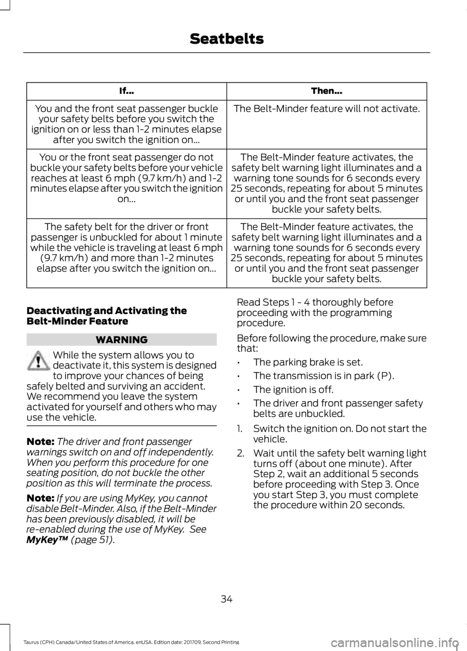 FORD TAURUS 2018  Owners Manual Then...
If...
The Belt-Minder feature will not activate.
You and the front seat passenger buckle
your safety belts before you switch the
ignition on or less than 1-2 minutes elapse after you switch th
