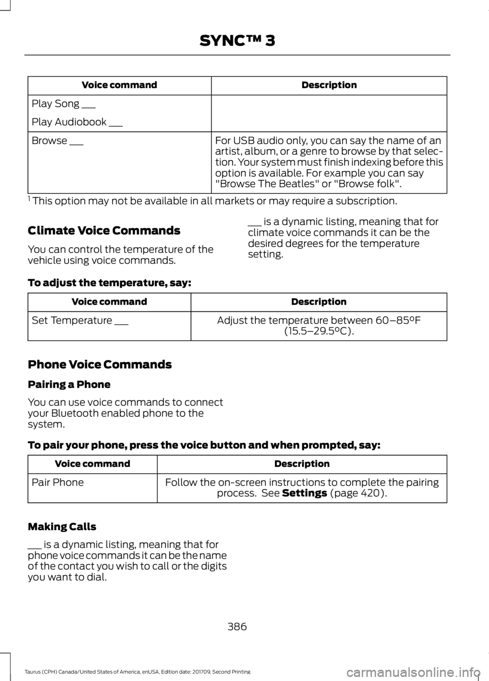 FORD TAURUS 2018 Owners Manual Description
Voice command
Play Song ___
Play Audiobook ___ For USB audio only, you can say the name of an
artist, album, or a genre to browse by that selec-
tion. Your system must finish indexing befo FORD TAURUS 2018 Owners Manual Description
Voice command
Play Song ___
Play Audiobook ___ For USB audio only, you can say the name of an
artist, album, or a genre to browse by that selec-
tion. Your system must finish indexing befo