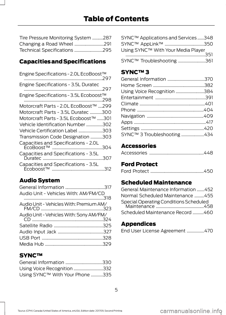 FORD TAURUS 2018  Owners Manual Tire Pressure Monitoring System
..........287
Changing a Road Wheel ...........................
291
Technical Specifications ..........................
295
Capacities and Specifications
Engine Specifi