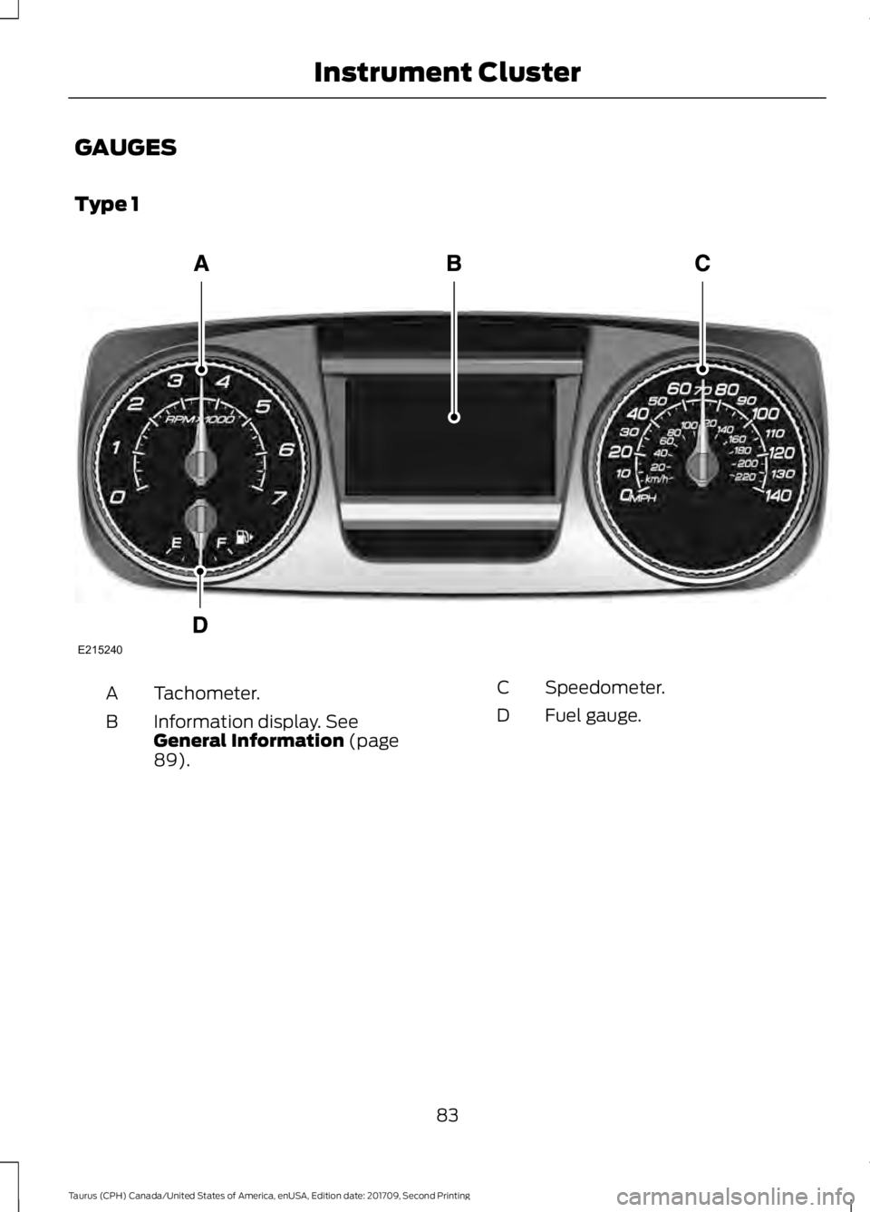 FORD TAURUS 2018 Manual Online GAUGES
Type 1
Tachometer.
A
Information display. See
General Information (page
89).
B
Speedometer.
C
Fuel gauge.
D
83
Taurus (CPH) Canada/United States of America, enUSA, Edition date: 201709, Second FORD TAURUS 2018 Manual Online GAUGES
Type 1
Tachometer.
A
Information display. See
General Information (page
89).
B
Speedometer.
C
Fuel gauge.
D
83
Taurus (CPH) Canada/United States of America, enUSA, Edition date: 201709, Second