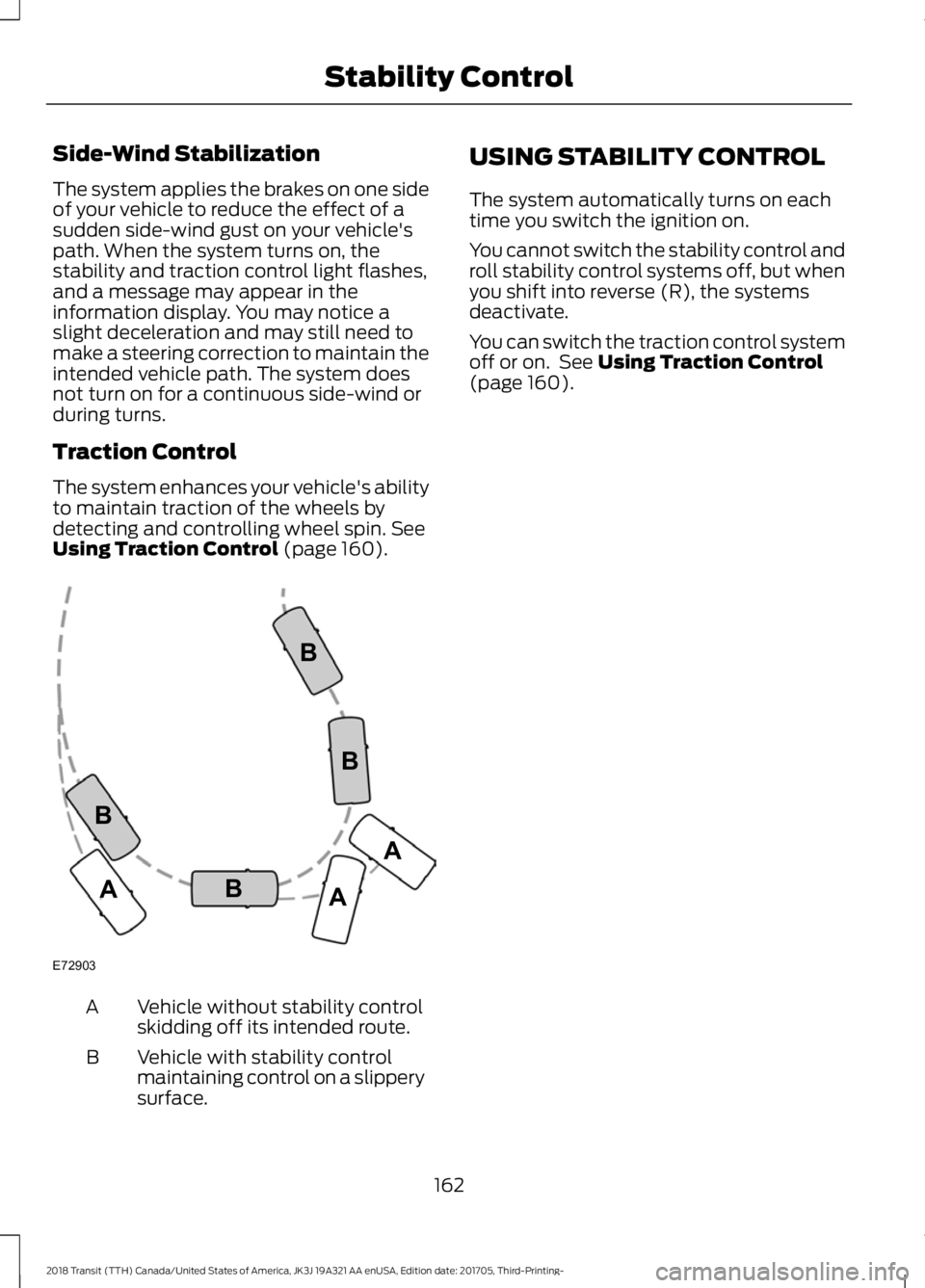 FORD TRANSIT 2018 Owners Manual Side-Wind Stabilization
The system applies the brakes on one side
of your vehicle to reduce the effect of a
sudden side-wind gust on your vehicle's
path. When the system turns on, the
stability an FORD TRANSIT 2018 Owners Manual Side-Wind Stabilization
The system applies the brakes on one side
of your vehicle to reduce the effect of a
sudden side-wind gust on your vehicle's
path. When the system turns on, the
stability an