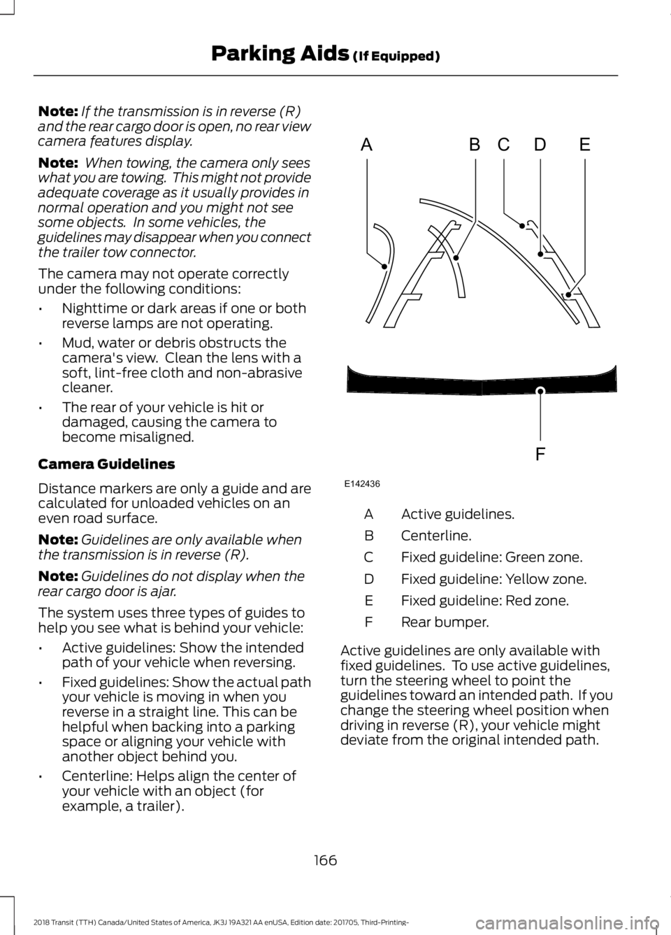 FORD TRANSIT 2018 Owners Manual Note:
If the transmission is in reverse (R)
and the rear cargo door is open, no rear view
camera features display.
Note: When towing, the camera only sees
what you are towing. This might not provide FORD TRANSIT 2018 Owners Manual Note:
If the transmission is in reverse (R)
and the rear cargo door is open, no rear view
camera features display.
Note: When towing, the camera only sees
what you are towing. This might not provide