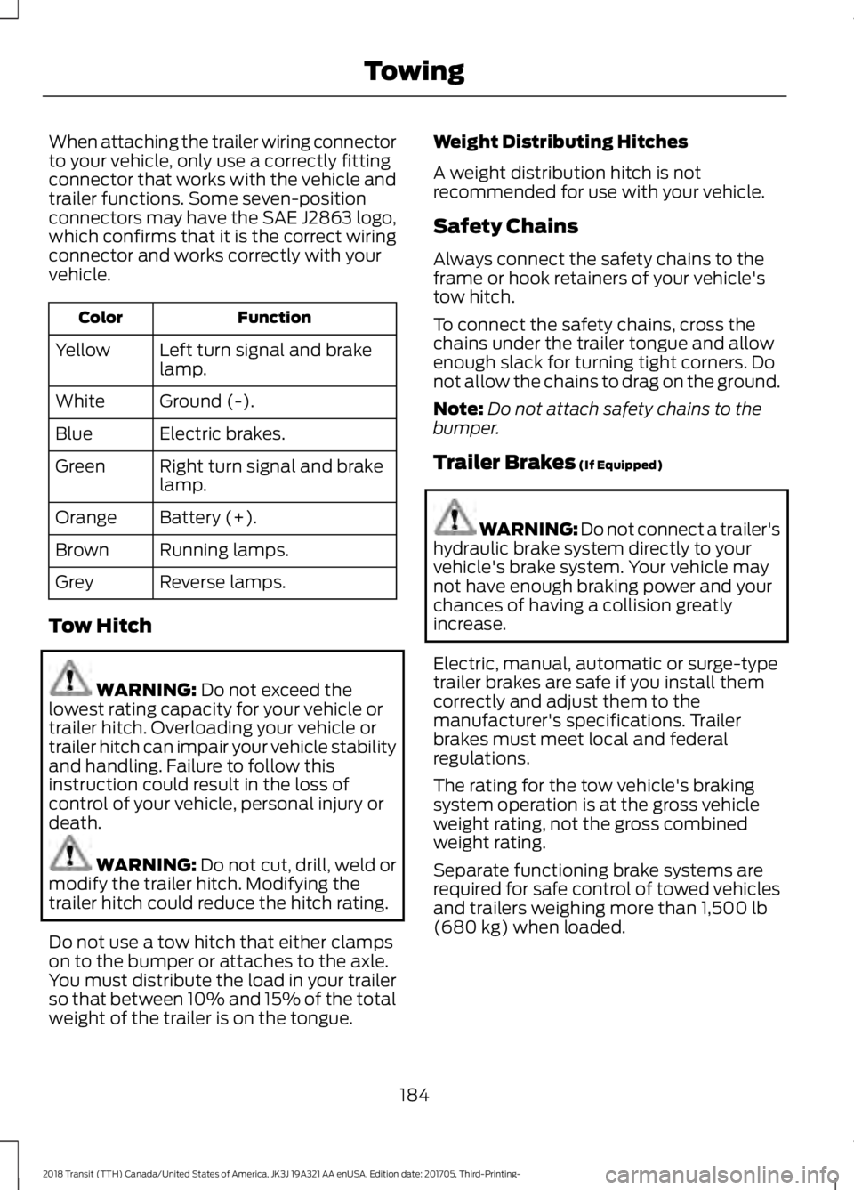 FORD TRANSIT 2018 Owners Manual When attaching the trailer wiring connector
to your vehicle, only use a correctly fitting
connector that works with the vehicle and
trailer functions. Some seven-position
connectors may have the SAE J FORD TRANSIT 2018 Owners Manual When attaching the trailer wiring connector
to your vehicle, only use a correctly fitting
connector that works with the vehicle and
trailer functions. Some seven-position
connectors may have the SAE J