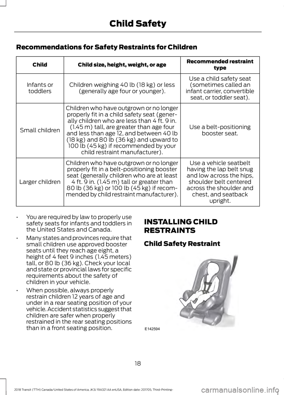 FORD TRANSIT 2018 Owners Manual Recommendations for Safety Restraints for Children
Recommended restraint
type
Child size, height, weight, or age
Child
Use a child safety seat(sometimes called an
infant carrier, convertible seat, or FORD TRANSIT 2018 Owners Manual Recommendations for Safety Restraints for Children
Recommended restraint
type
Child size, height, weight, or age
Child
Use a child safety seat(sometimes called an
infant carrier, convertible seat, or