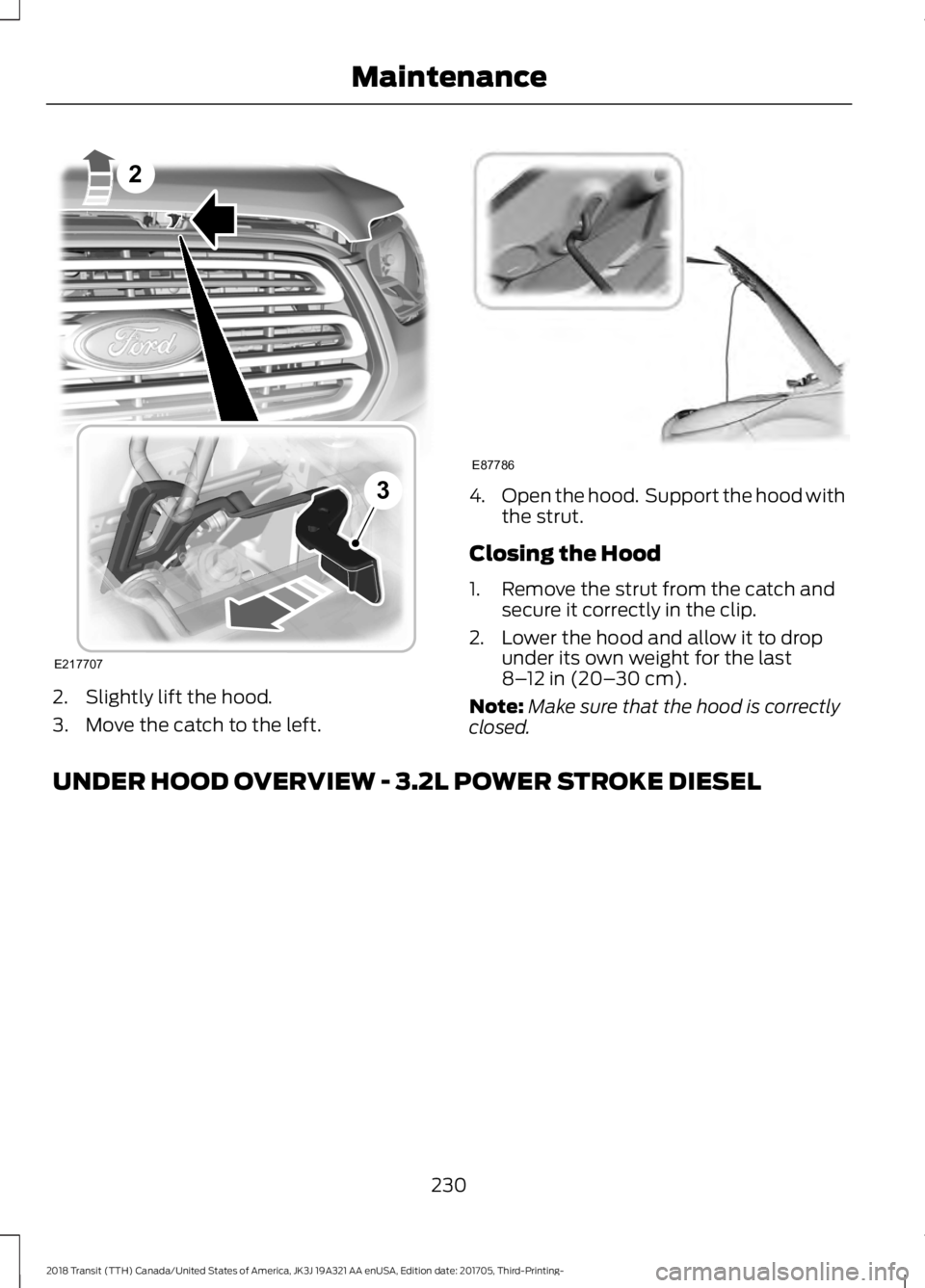 FORD TRANSIT 2018 Owners Manual 2. Slightly lift the hood.
3. Move the catch to the left. 4.
Open the hood. Support the hood with
the strut.
Closing the Hood
1. Remove the strut from the catch and secure it correctly in the clip.
2 FORD TRANSIT 2018 Owners Manual 2. Slightly lift the hood.
3. Move the catch to the left. 4.
Open the hood. Support the hood with
the strut.
Closing the Hood
1. Remove the strut from the catch and secure it correctly in the clip.
2