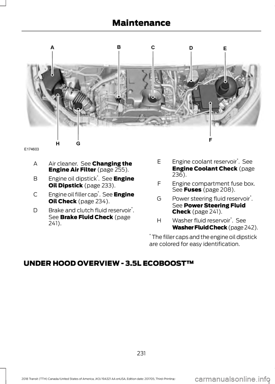 FORD TRANSIT 2018 Owners Guide Air cleaner. See Changing the
Engine Air Filter (page 255).
A
Engine oil dipstick *
. See
Engine
Oil Dipstick (page 233).
B
Engine oil filler cap *
. See Engine
Oil Check
(page 234).
C
Brake and FORD TRANSIT 2018 Owners Guide Air cleaner. See Changing the
Engine Air Filter (page 255).
A
Engine oil dipstick *
. See
Engine
Oil Dipstick (page 233).
B
Engine oil filler cap *
. See Engine
Oil Check
(page 234).
C
Brake and