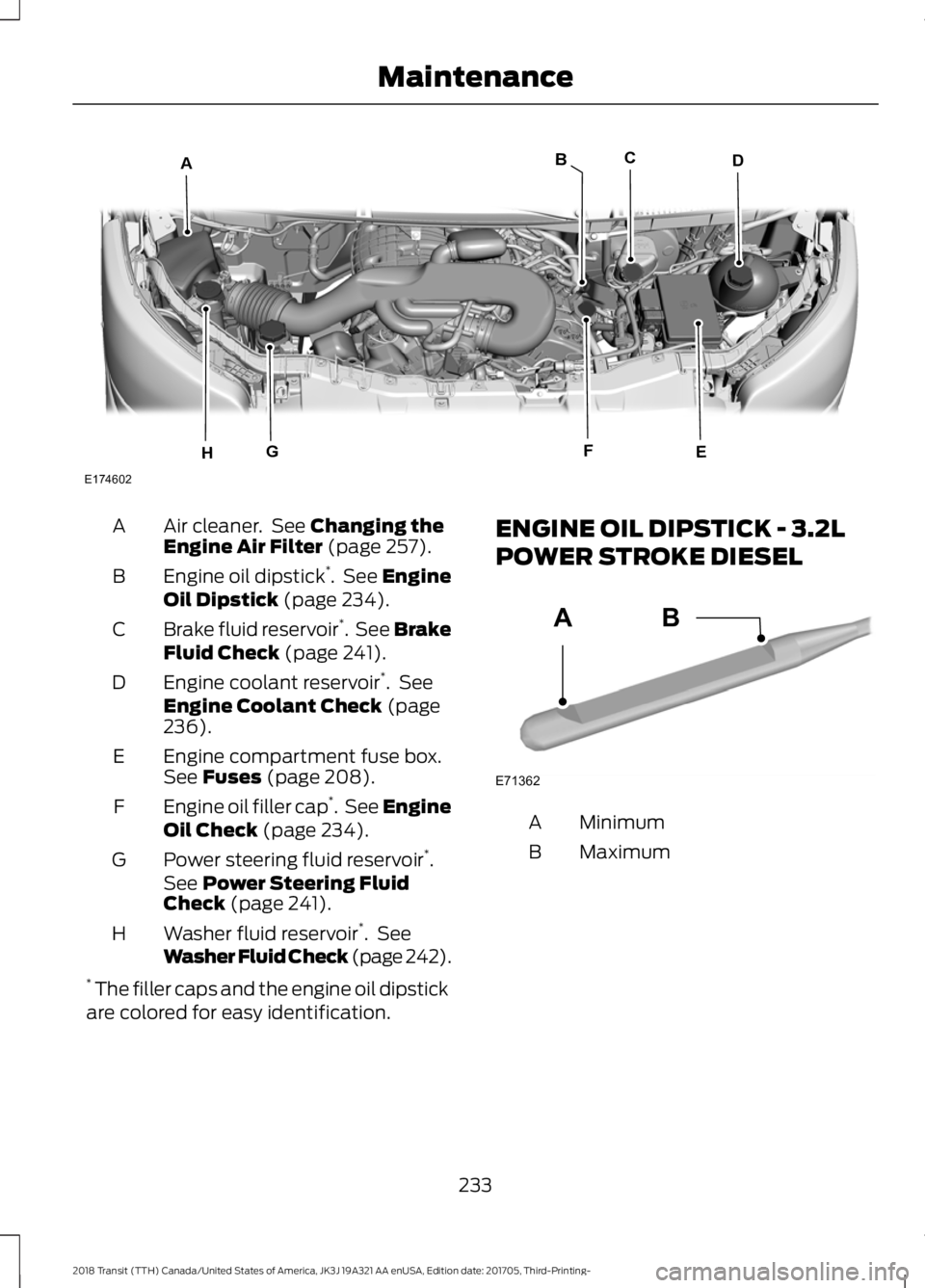 FORD TRANSIT 2018 Owners Guide Air cleaner. See Changing the
Engine Air Filter (page 257).
A
Engine oil dipstick *
. See
Engine
Oil Dipstick (page 234).
B
Brake fluid reservoir *
. See Brake
Fluid Check
(page 241).
C
Engine co FORD TRANSIT 2018 Owners Guide Air cleaner. See Changing the
Engine Air Filter (page 257).
A
Engine oil dipstick *
. See
Engine
Oil Dipstick (page 234).
B
Brake fluid reservoir *
. See Brake
Fluid Check
(page 241).
C
Engine co