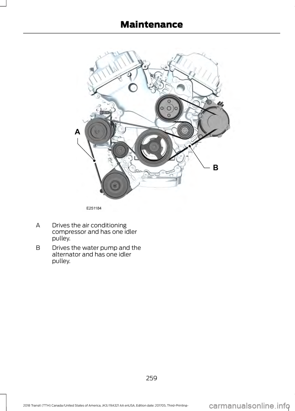 FORD TRANSIT 2018  Owners Manual Drives the air conditioning
compressor and has one idler
pulley.
A
Drives the water pump and the
alternator and has one idler
pulley.
B
259
2018 Transit (TTH) Canada/United States of America, JK3J 19A