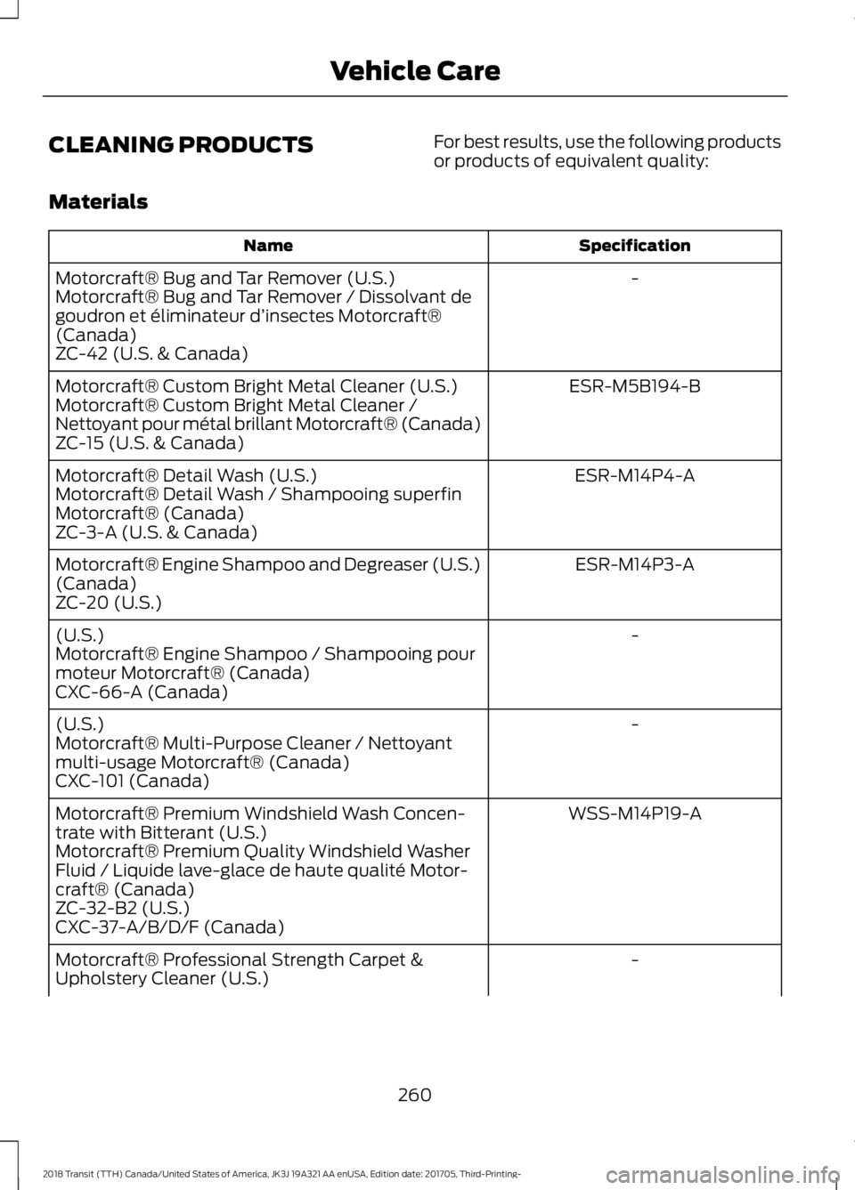 FORD TRANSIT 2018  Owners Manual CLEANING PRODUCTS
For best results, use the following products
or products of equivalent quality:
Materials Specification
Name
-
Motorcraft® Bug and Tar Remover (U.S.)
Motorcraft® Bug and Tar Remove