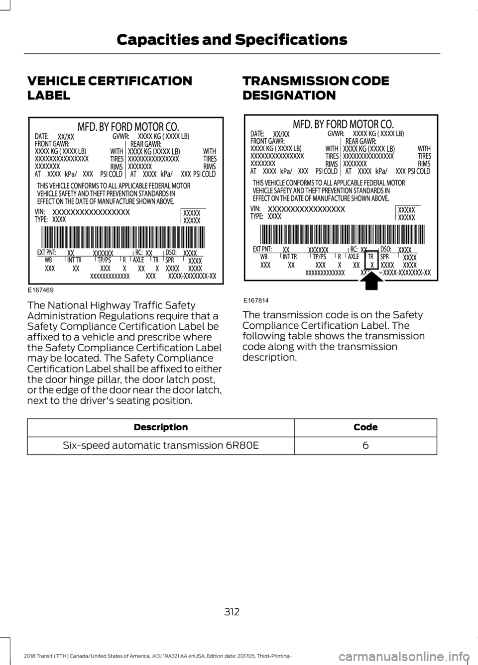 FORD TRANSIT 2018 Owners Manual VEHICLE CERTIFICATION
LABEL
The National Highway Traffic Safety
Administration Regulations require that a
Safety Compliance Certification Label be
affixed to a vehicle and prescribe where
the Safety C FORD TRANSIT 2018 Owners Manual VEHICLE CERTIFICATION
LABEL
The National Highway Traffic Safety
Administration Regulations require that a
Safety Compliance Certification Label be
affixed to a vehicle and prescribe where
the Safety C