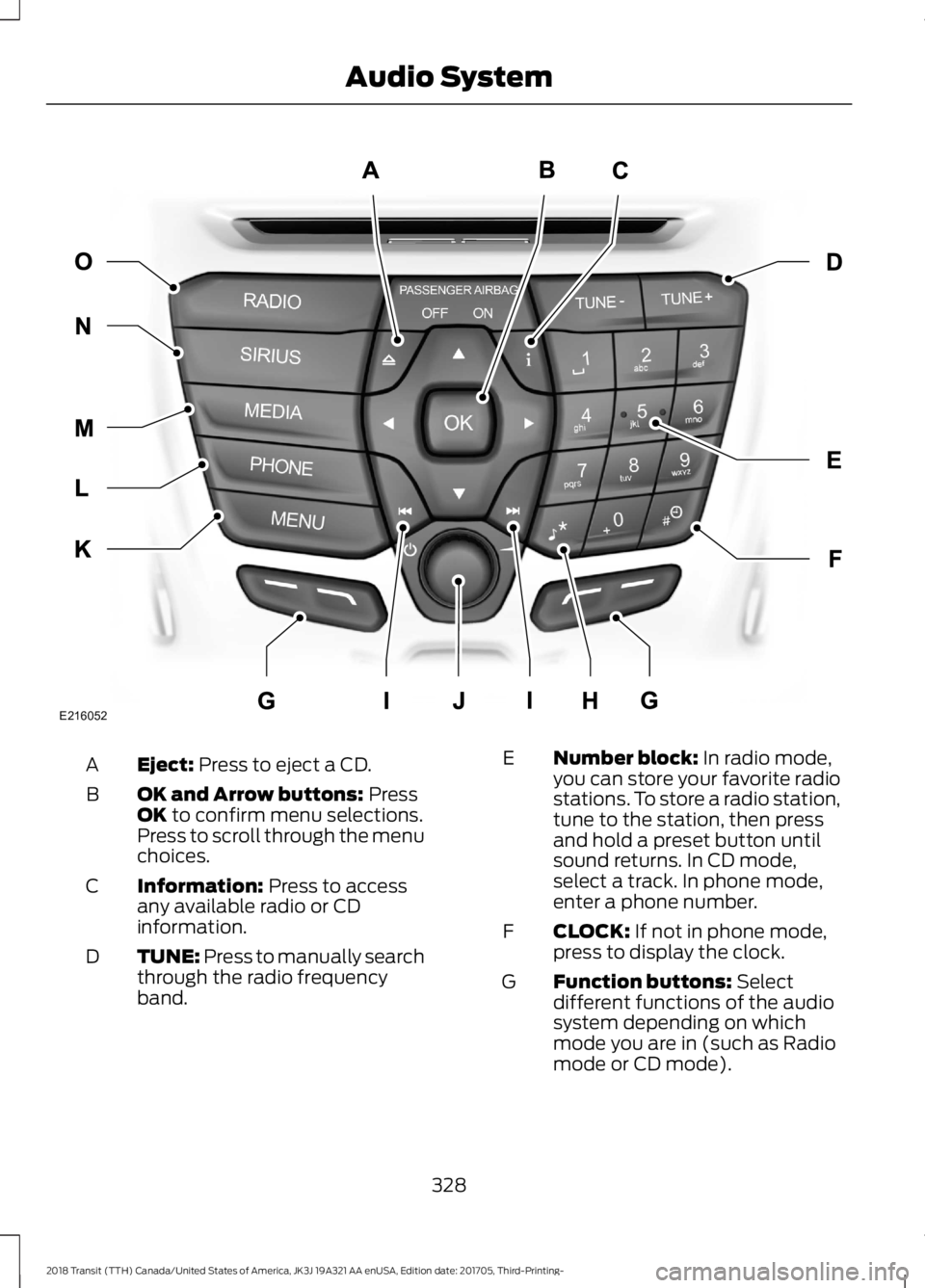 FORD TRANSIT 2018 Owners Manual Eject: Press to eject a CD.
A
OK and Arrow buttons:
Press
OK to confirm menu selections.
Press to scroll through the menu
choices.
B
Information:
Press to access
any available radio or CD
informatio FORD TRANSIT 2018 Owners Manual Eject: Press to eject a CD.
A
OK and Arrow buttons:
Press
OK to confirm menu selections.
Press to scroll through the menu
choices.
B
Information:
Press to access
any available radio or CD
informatio