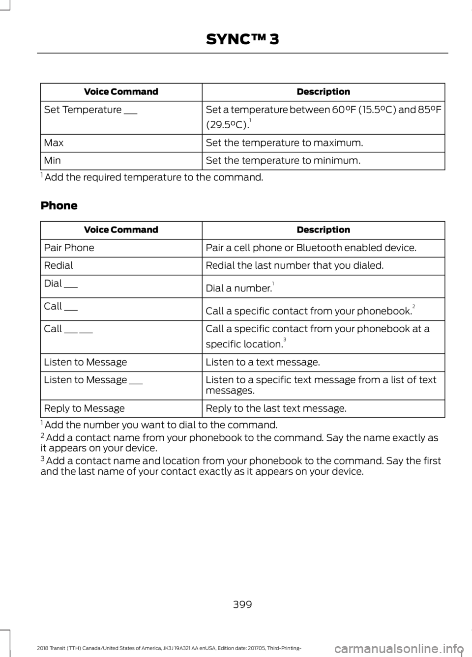 FORD TRANSIT 2018 Owners Manual Description
Voice Command
Set a temperature between 60°F (15.5°C) and 85°F
(29.5°C).1
Set Temperature ___
Set the temperature to maximum.
Max
Set the temperature to minimum.
Min
1 Add the require FORD TRANSIT 2018 Owners Manual Description
Voice Command
Set a temperature between 60°F (15.5°C) and 85°F
(29.5°C).1
Set Temperature ___
Set the temperature to maximum.
Max
Set the temperature to minimum.
Min
1 Add the require