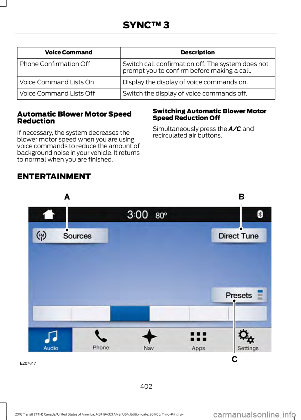 FORD TRANSIT 2018 Owners Manual Description
Voice Command
Switch call confirmation off. The system does not
prompt you to confirm before making a call.
Phone Confirmation Off
Display the display of voice commands on.
Voice Command L FORD TRANSIT 2018 Owners Manual Description
Voice Command
Switch call confirmation off. The system does not
prompt you to confirm before making a call.
Phone Confirmation Off
Display the display of voice commands on.
Voice Command L