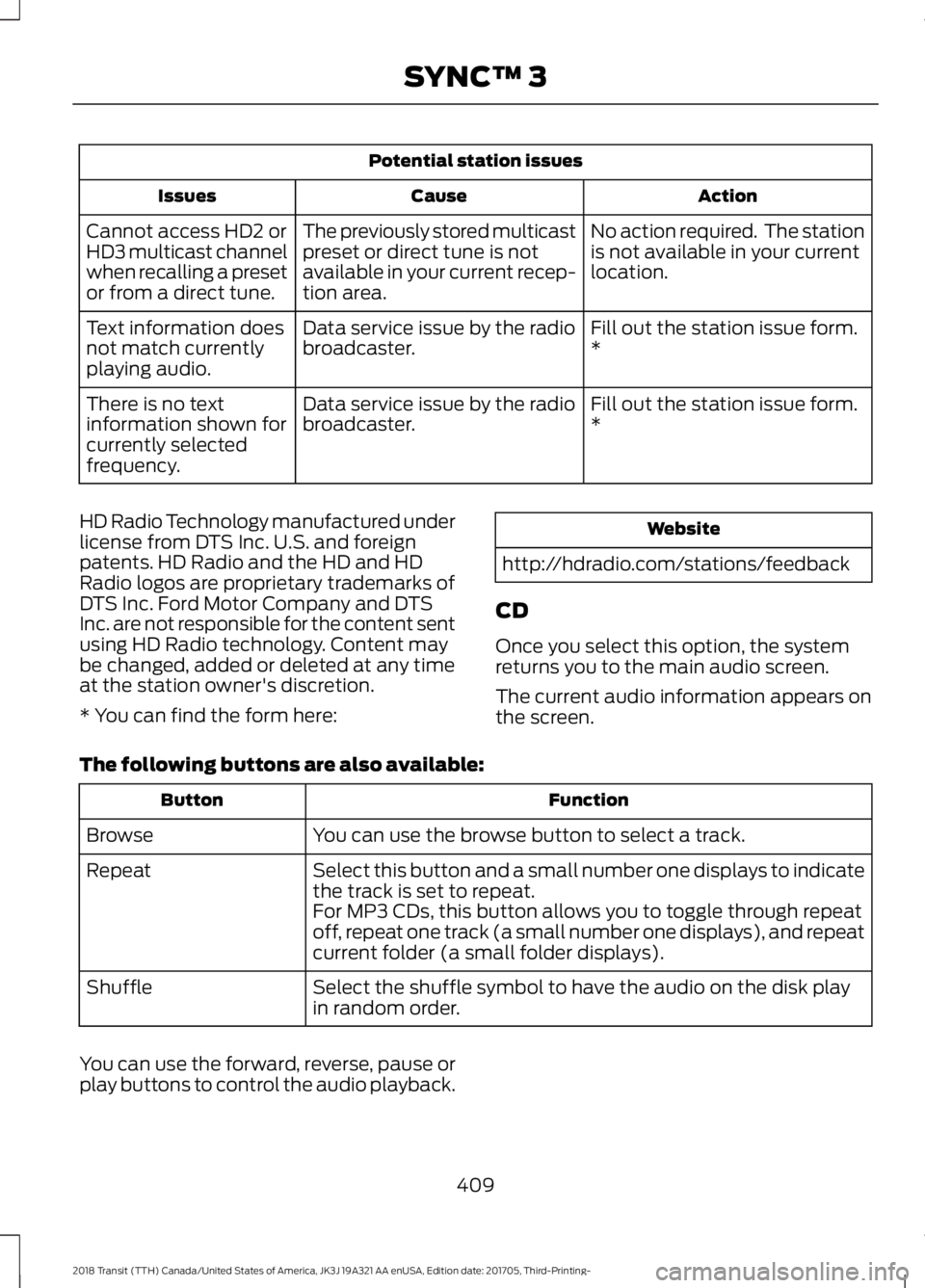 FORD TRANSIT 2018 Owners Manual Potential station issues
Action
Cause
Issues
No action required. The station
is not available in your current
location.
The previously stored multicast
preset or direct tune is not
available in your FORD TRANSIT 2018 Owners Manual Potential station issues
Action
Cause
Issues
No action required. The station
is not available in your current
location.
The previously stored multicast
preset or direct tune is not
available in your