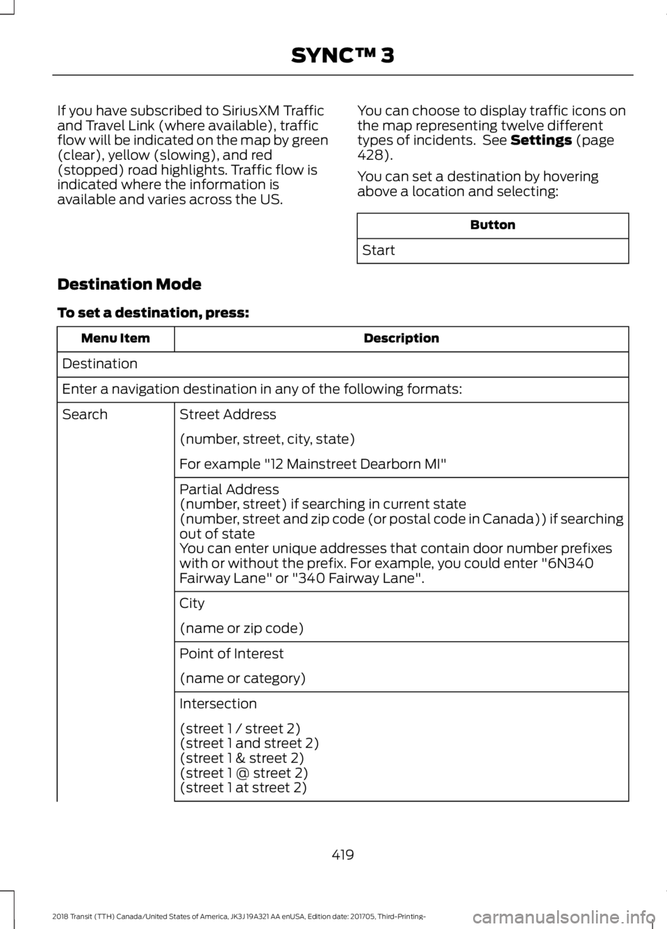 FORD TRANSIT 2018 Owners Manual If you have subscribed to SiriusXM Traffic
and Travel Link (where available), traffic
flow will be indicated on the map by green
(clear), yellow (slowing), and red
(stopped) road highlights. Traffic f FORD TRANSIT 2018 Owners Manual If you have subscribed to SiriusXM Traffic
and Travel Link (where available), traffic
flow will be indicated on the map by green
(clear), yellow (slowing), and red
(stopped) road highlights. Traffic f