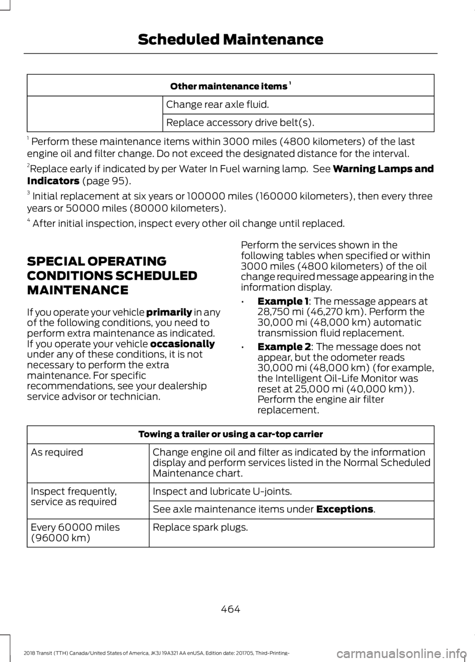 FORD TRANSIT 2018 Owners Manual Other maintenance items
1
Change rear axle fluid.
Replace accessory drive belt(s).
1 Perform these maintenance items within 3000 miles (4800 kilometers) of the last
engine oil and filter change. Do FORD TRANSIT 2018 Owners Manual Other maintenance items
1
Change rear axle fluid.
Replace accessory drive belt(s).
1 Perform these maintenance items within 3000 miles (4800 kilometers) of the last
engine oil and filter change. Do