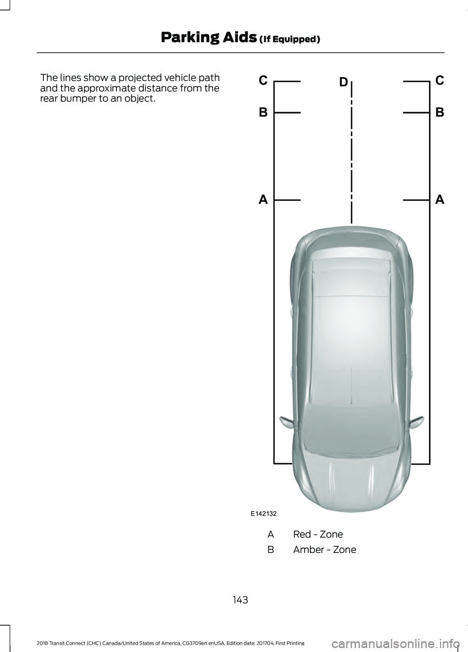 FORD TRANSIT CONNECT 2018 Owners Manual The lines show a projected vehicle path
and the approximate distance from the
rear bumper to an object.
Red - Zone
A
Amber - Zone
B
143
2018 Transit Connect (CHC) Canada/United States of America, CG37 FORD TRANSIT CONNECT 2018 Owners Manual The lines show a projected vehicle path
and the approximate distance from the
rear bumper to an object.
Red - Zone
A
Amber - Zone
B
143
2018 Transit Connect (CHC) Canada/United States of America, CG37