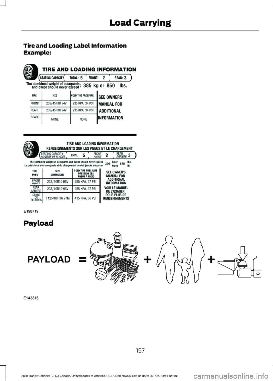 FORD TRANSIT CONNECT 2018 Owners Manual Tire and Loading Label Information
Example:
Payload
157
2018 Transit Connect (CHC) Canada/United States of America, CG3709en enUSA, Edition date: 201704, First Printing Load CarryingE198719 E143816PAY FORD TRANSIT CONNECT 2018 Owners Manual Tire and Loading Label Information
Example:
Payload
157
2018 Transit Connect (CHC) Canada/United States of America, CG3709en enUSA, Edition date: 201704, First Printing Load CarryingE198719 E143816PAY