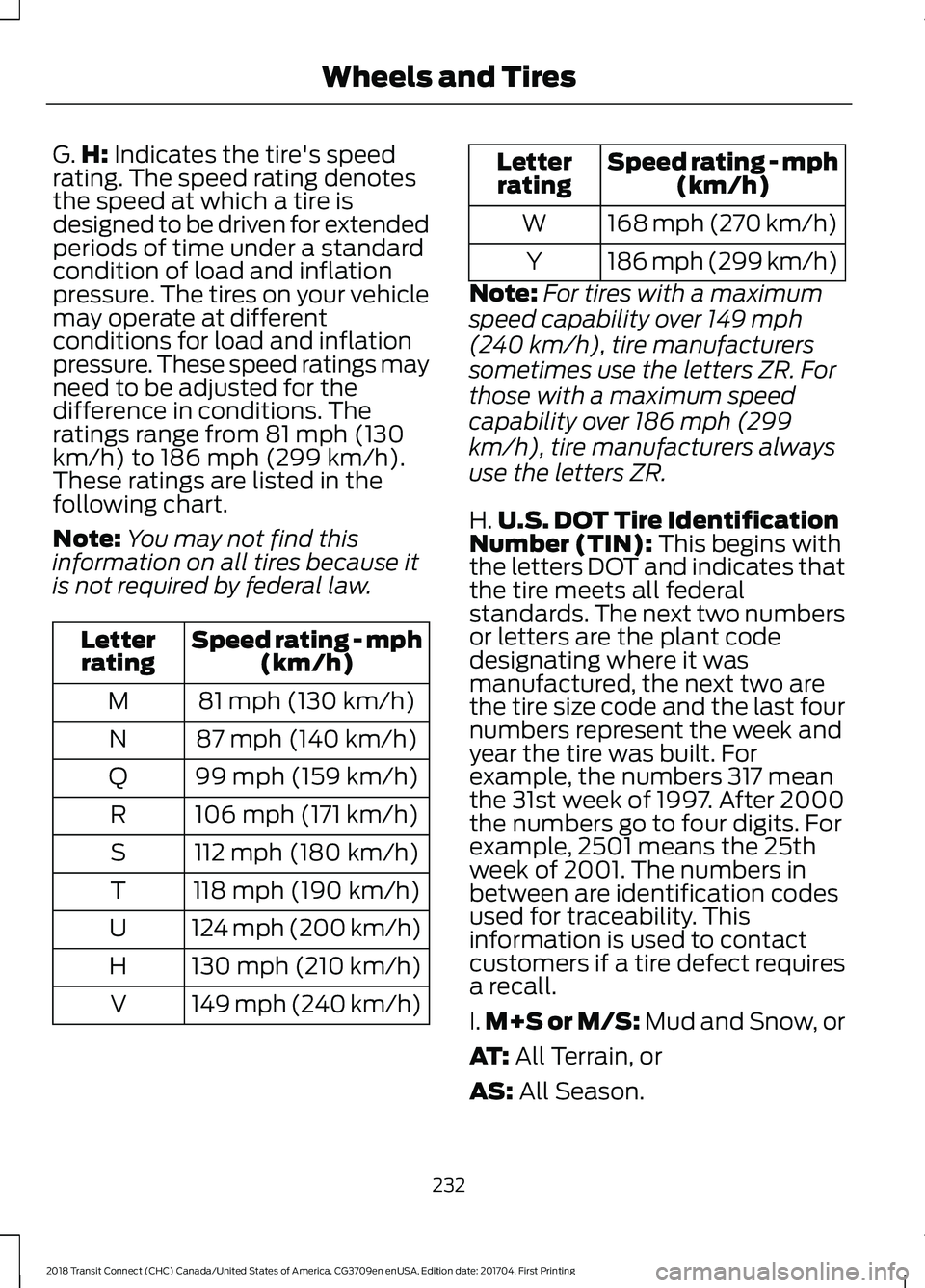 FORD TRANSIT CONNECT 2018 Owners Manual G.
H: Indicates the tire's speed
rating. The speed rating denotes
the speed at which a tire is
designed to be driven for extended
periods of time under a standard
condition of load and inflation
p FORD TRANSIT CONNECT 2018 Owners Manual G.
H: Indicates the tire's speed
rating. The speed rating denotes
the speed at which a tire is
designed to be driven for extended
periods of time under a standard
condition of load and inflation
p