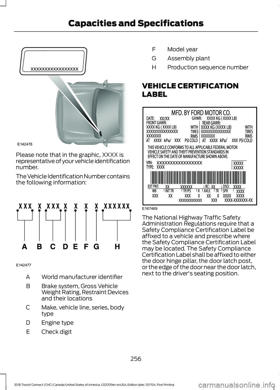 FORD TRANSIT CONNECT 2018 Owners Manual Please note that in the graphic, XXXX is
representative of your vehicle identification
number.
The Vehicle Identification Number contains
the following information:
World manufacturer identifier
A
Bra FORD TRANSIT CONNECT 2018 Owners Manual Please note that in the graphic, XXXX is
representative of your vehicle identification
number.
The Vehicle Identification Number contains
the following information:
World manufacturer identifier
A
Bra