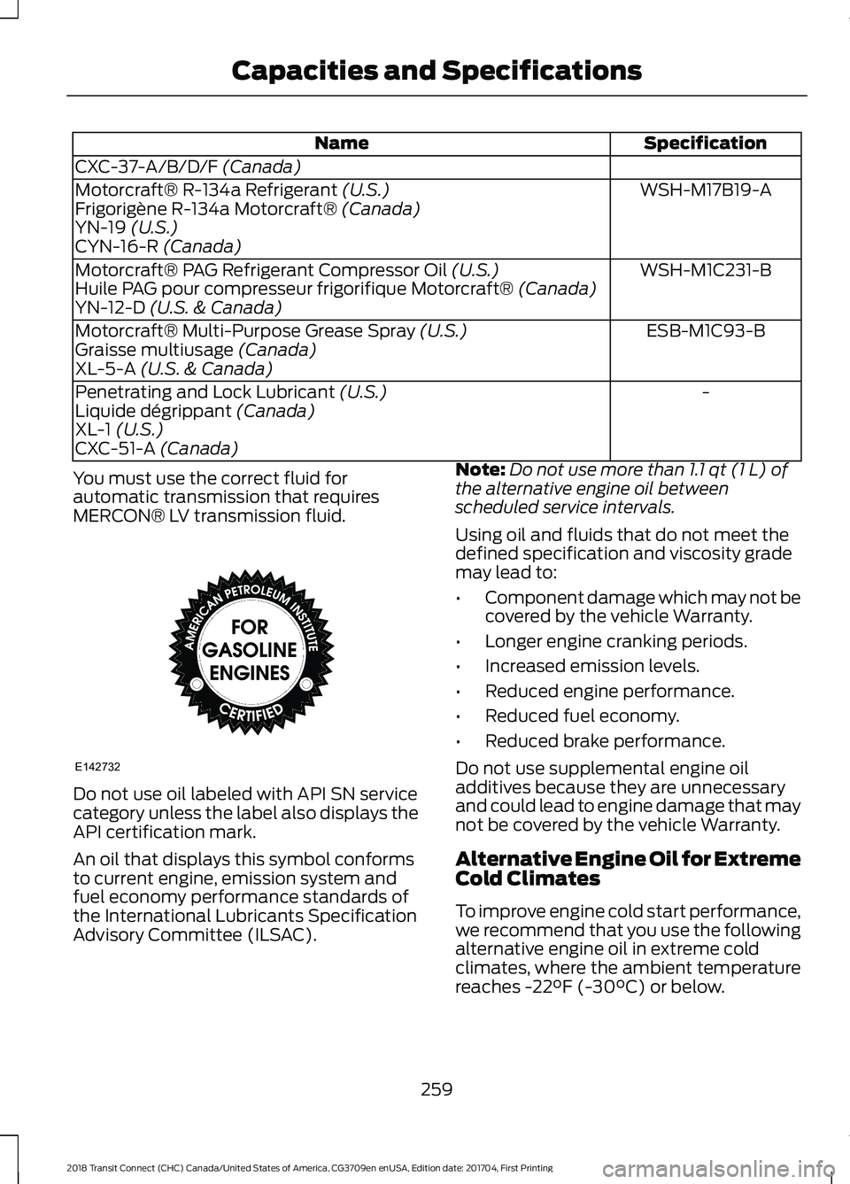 FORD TRANSIT CONNECT 2018 Owners Manual Specification
Name
CXC-37-A/B/D/F (Canada) WSH-M17B19-A
Motorcraft® R-134a Refrigerant
(U.S.)
Frigorigène R-134a Motorcraft® (Canada)
YN-19 (U.S.)
CYN-16-R (Canada)
WSH-M1C231-B
Motorcraft® PAG R FORD TRANSIT CONNECT 2018 Owners Manual Specification
Name
CXC-37-A/B/D/F (Canada) WSH-M17B19-A
Motorcraft® R-134a Refrigerant
(U.S.)
Frigorigène R-134a Motorcraft® (Canada)
YN-19 (U.S.)
CYN-16-R (Canada)
WSH-M1C231-B
Motorcraft® PAG R