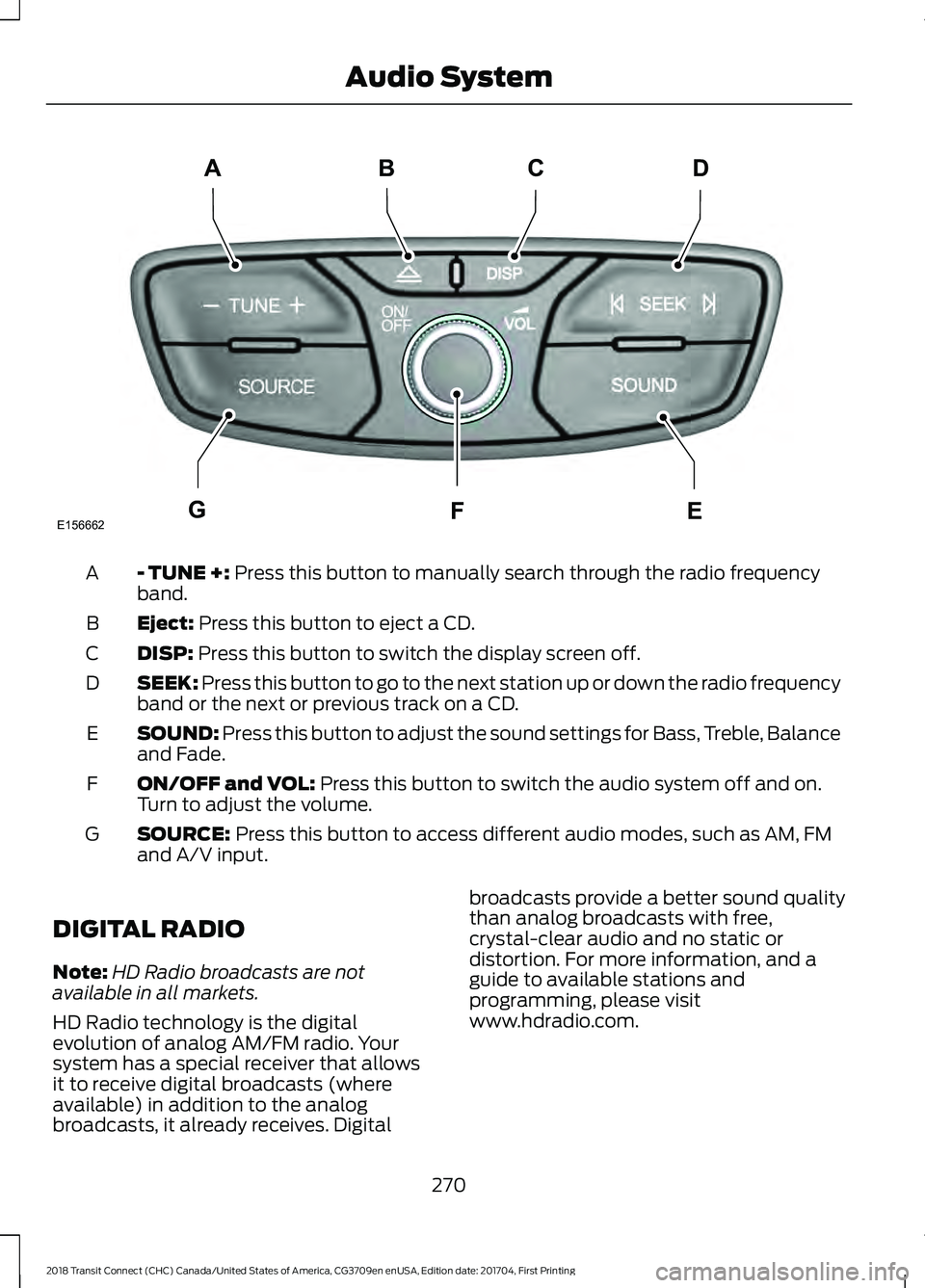 FORD TRANSIT CONNECT 2018 Owners Manual - TUNE +: Press this button to manually search through the radio frequency
band.
A
Eject:
Press this button to eject a CD.
B
DISP:
Press this button to switch the display screen off.
C
SEEK:
Press FORD TRANSIT CONNECT 2018 Owners Manual - TUNE +: Press this button to manually search through the radio frequency
band.
A
Eject:
Press this button to eject a CD.
B
DISP:
Press this button to switch the display screen off.
C
SEEK:
Press
