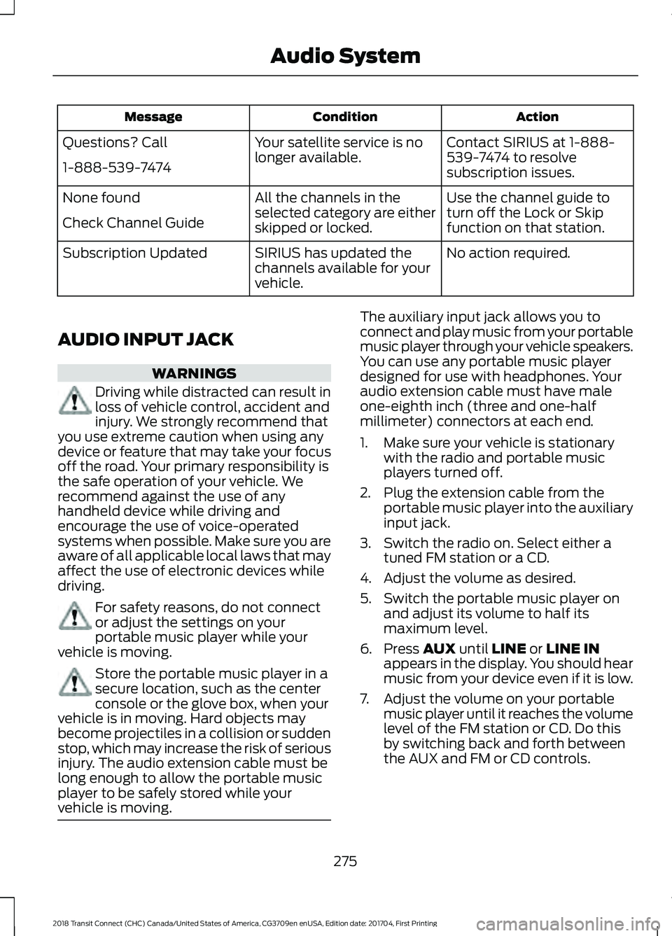 FORD TRANSIT CONNECT 2018  Owners Manual Action
Condition
Message
Contact SIRIUS at 1-888-
539-7474 to resolve
subscription issues.
Your satellite service is no
longer available.
Questions? Call
1-888-539-7474
Use the channel guide to
turn o