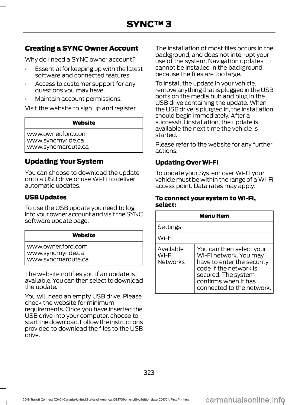FORD TRANSIT CONNECT 2018 Owners Manual Creating a SYNC Owner Account
Why do I need a SYNC owner account?
•
Essential for keeping up with the latest
software and connected features.
• Access to customer support for any
questions you may FORD TRANSIT CONNECT 2018 Owners Manual Creating a SYNC Owner Account
Why do I need a SYNC owner account?
•
Essential for keeping up with the latest
software and connected features.
• Access to customer support for any
questions you may