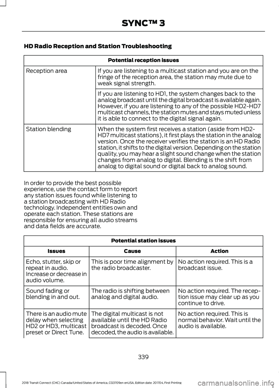 FORD TRANSIT CONNECT 2018 Service Manual HD Radio Reception and Station Troubleshooting
Potential reception issues
If you are listening to a multicast station and you are on the
fringe of the reception area, the station may mute due to
weak FORD TRANSIT CONNECT 2018 Service Manual HD Radio Reception and Station Troubleshooting
Potential reception issues
If you are listening to a multicast station and you are on the
fringe of the reception area, the station may mute due to
weak