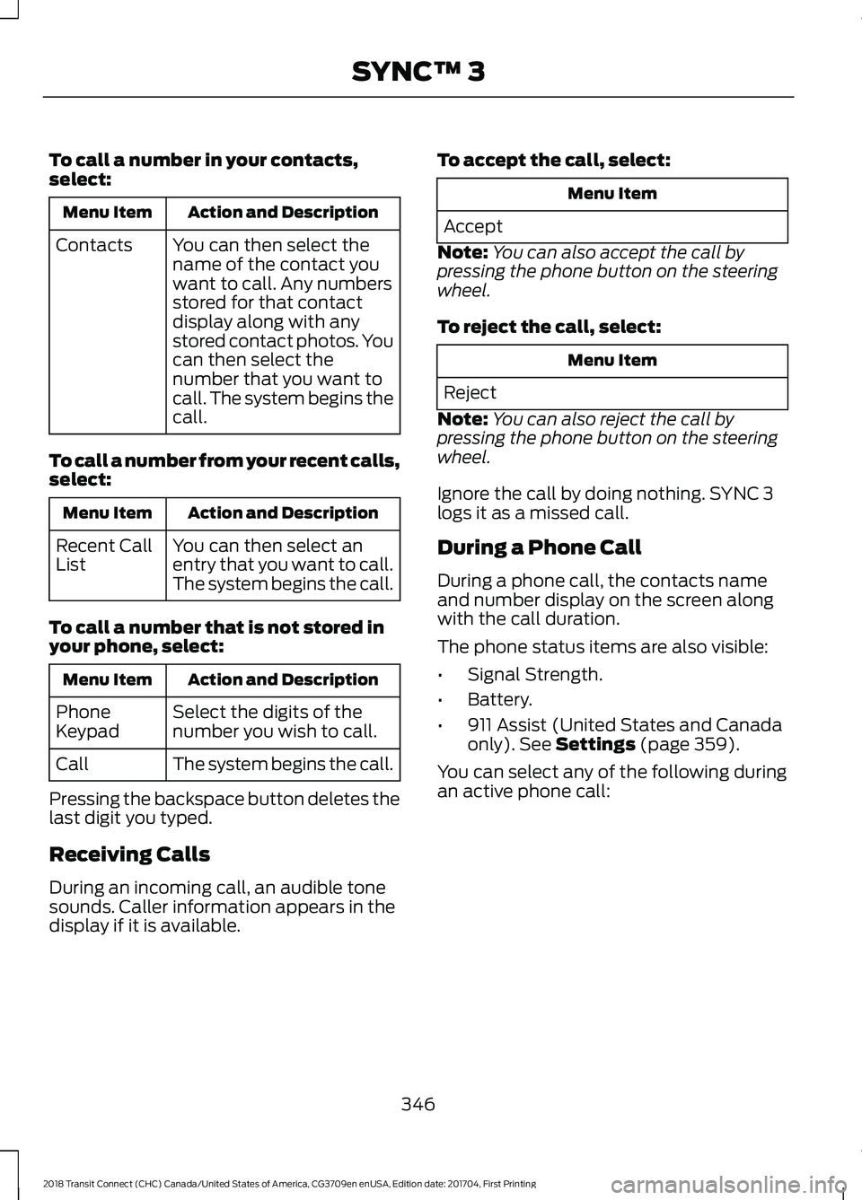 FORD TRANSIT CONNECT 2018 Owners Manual To call a number in your contacts,
select:
Action and Description
Menu Item
You can then select the
name of the contact you
want to call. Any numbers
stored for that contact
display along with any
sto FORD TRANSIT CONNECT 2018 Owners Manual To call a number in your contacts,
select:
Action and Description
Menu Item
You can then select the
name of the contact you
want to call. Any numbers
stored for that contact
display along with any
sto