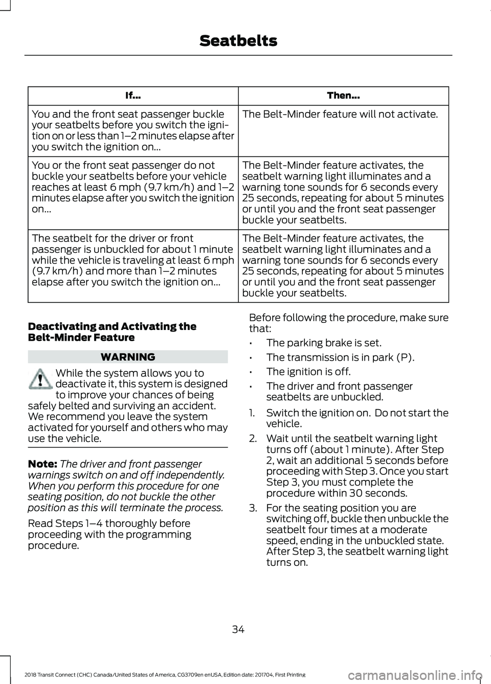 FORD TRANSIT CONNECT 2018  Owners Manual Then...
If...
The Belt-Minder feature will not activate.
You and the front seat passenger buckle
your seatbelts before you switch the igni-
tion on or less than 1– 2 minutes elapse after
you switch 