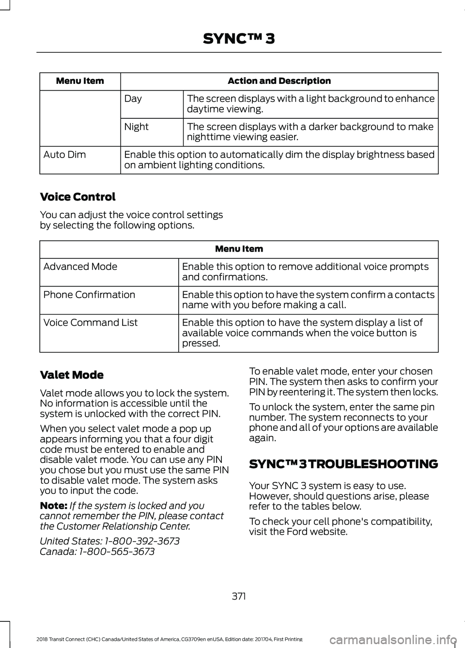 FORD TRANSIT CONNECT 2018 Owners Manual Action and Description
Menu Item
The screen displays with a light background to enhance
daytime viewing.
Day
The screen displays with a darker background to make
nighttime viewing easier.
Night
Enable FORD TRANSIT CONNECT 2018 Owners Manual Action and Description
Menu Item
The screen displays with a light background to enhance
daytime viewing.
Day
The screen displays with a darker background to make
nighttime viewing easier.
Night
Enable