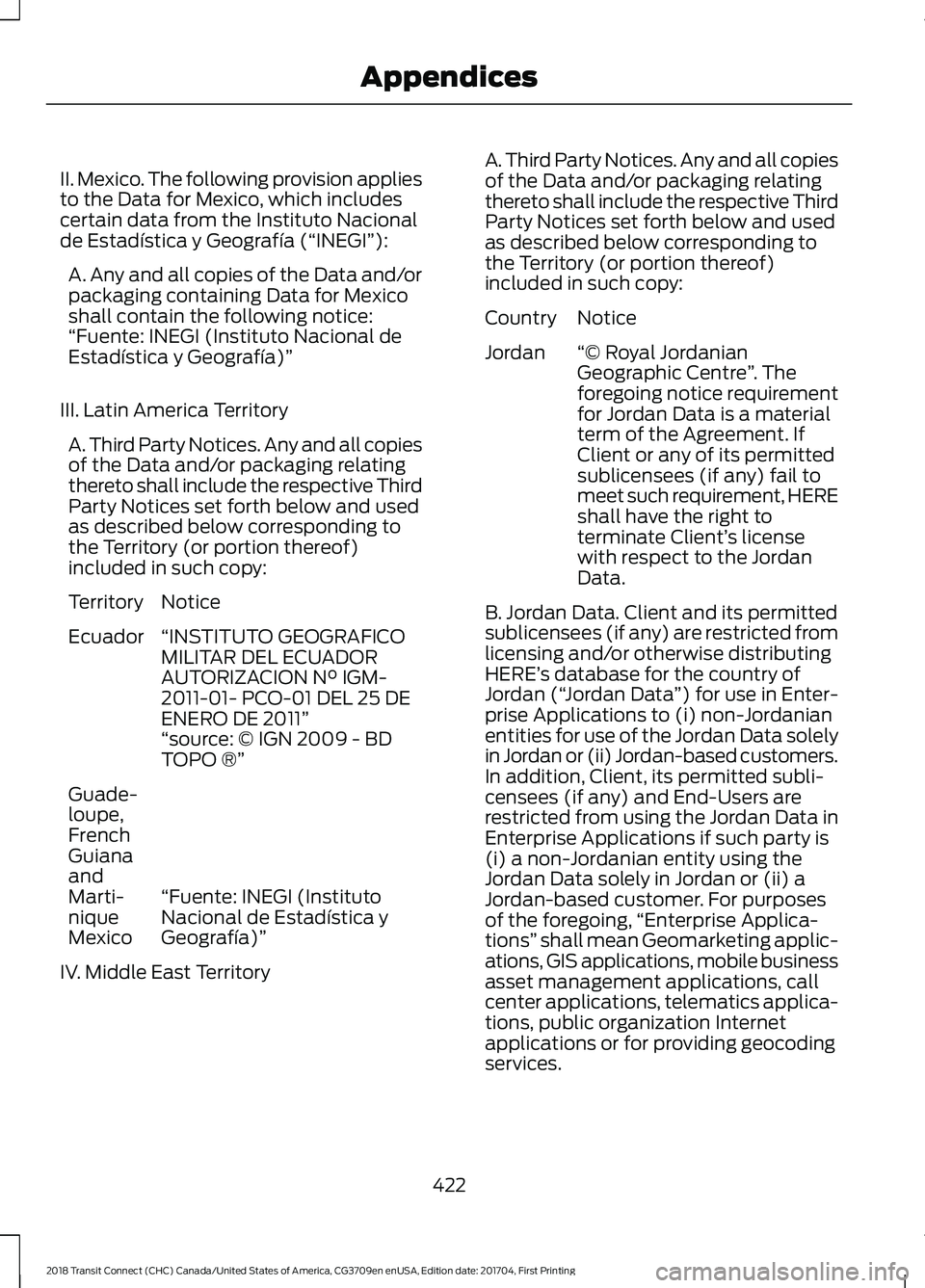 FORD TRANSIT CONNECT 2018 Repair Manual II. Mexico. The following provision applies
to the Data for Mexico, which includes
certain data from the Instituto Nacional
de Estadística y Geografía (“INEGI”):
A. Any and all copies of the Dat FORD TRANSIT CONNECT 2018 Repair Manual II. Mexico. The following provision applies
to the Data for Mexico, which includes
certain data from the Instituto Nacional
de Estadística y Geografía (“INEGI”):
A. Any and all copies of the Dat
