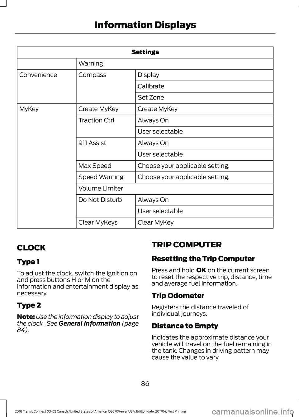 FORD TRANSIT CONNECT 2018 Owners Manual Settings
Warning Display
Compass
Convenience
Calibrate
Set Zone
Create MyKey
Create MyKey
MyKey
Always On
Traction Ctrl
User selectable
Always On
911 Assist
User selectable
Choose your applicable sett FORD TRANSIT CONNECT 2018 Owners Manual Settings
Warning Display
Compass
Convenience
Calibrate
Set Zone
Create MyKey
Create MyKey
MyKey
Always On
Traction Ctrl
User selectable
Always On
911 Assist
User selectable
Choose your applicable sett