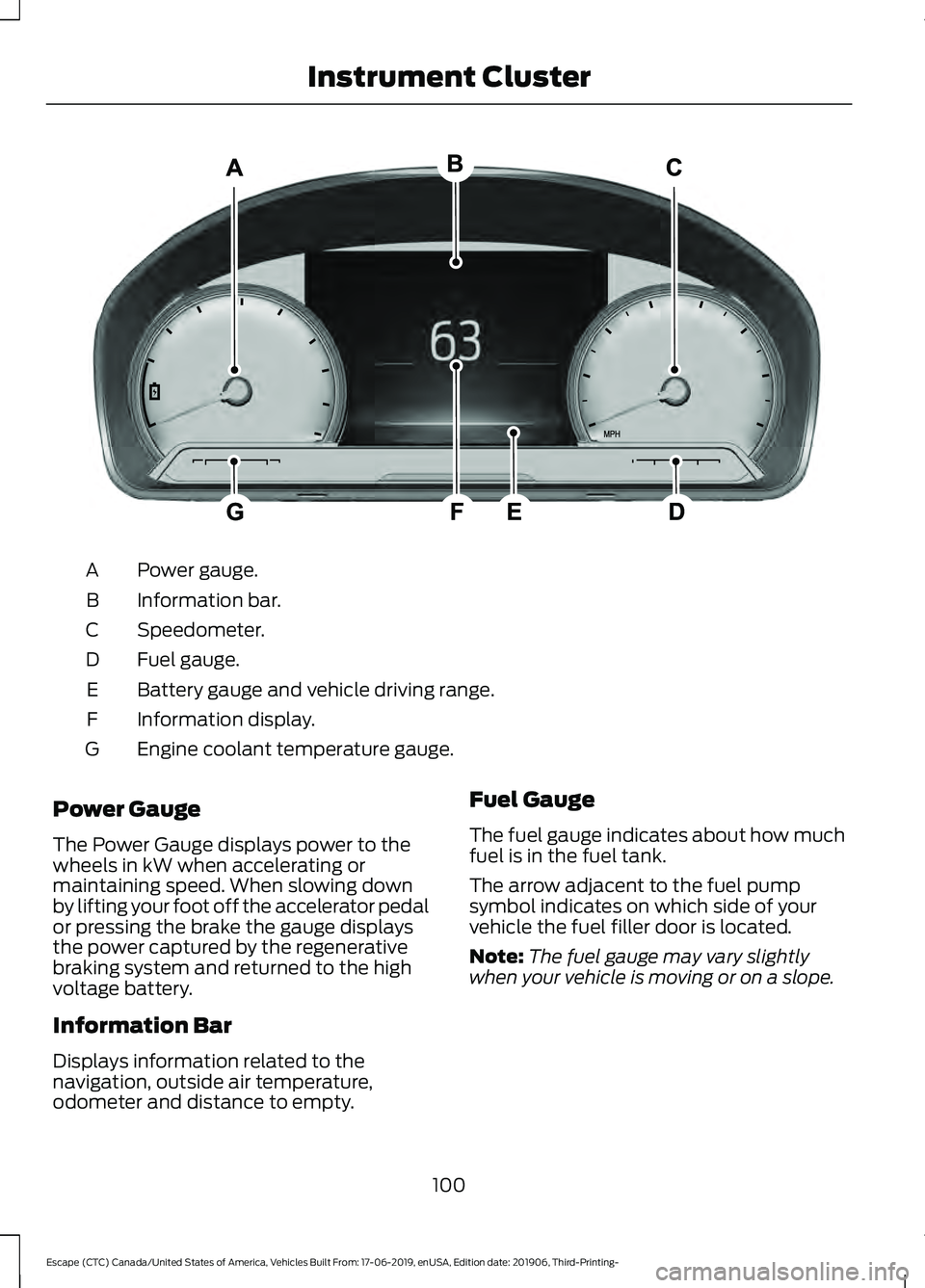 FORD ESCAPE 2020 Owners Manual Power gauge.
A
Information bar.
B
Speedometer.
C
Fuel gauge.
D
Battery gauge and vehicle driving range.
E
Information display.
F
Engine coolant temperature gauge.
G
Power Gauge
The Power Gauge display FORD ESCAPE 2020 Owners Manual Power gauge.
A
Information bar.
B
Speedometer.
C
Fuel gauge.
D
Battery gauge and vehicle driving range.
E
Information display.
F
Engine coolant temperature gauge.
G
Power Gauge
The Power Gauge display