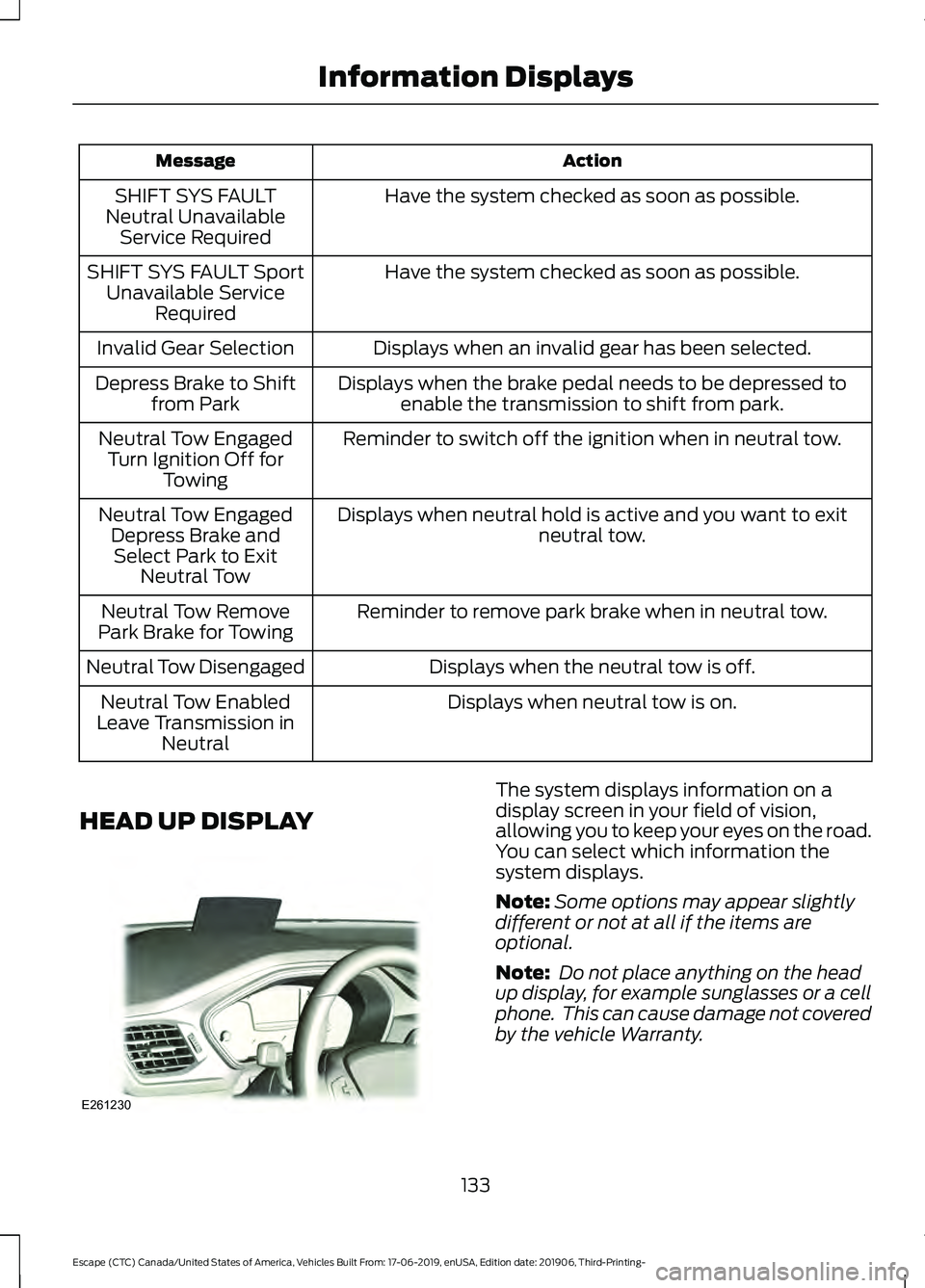 FORD ESCAPE 2020  Owners Manual Action
Message
Have the system checked as soon as possible.
SHIFT SYS FAULT
Neutral Unavailable Service Required
Have the system checked as soon as possible.
SHIFT SYS FAULT Sport
Unavailable Service 