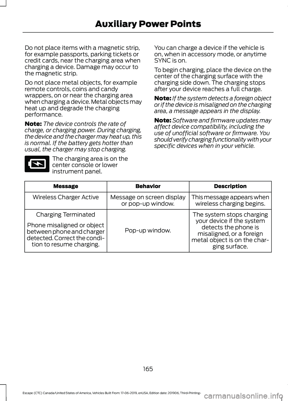 FORD ESCAPE 2020 Owners Manual Do not place items with a magnetic strip,
for example passports, parking tickets or
credit cards, near the charging area when
charging a device. Damage may occur to
the magnetic strip.
Do not place me