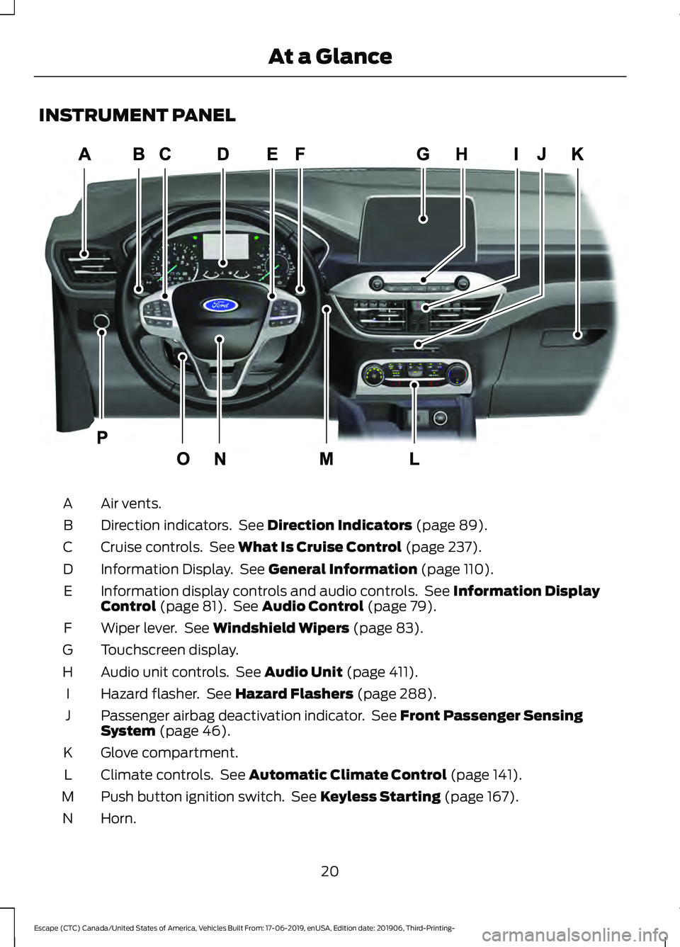 FORD ESCAPE 2020  Owners Manual INSTRUMENT PANEL
Air vents.
A
Direction indicators.  See Direction Indicators (page 89).
B
Cruise controls.  See 
What Is Cruise Control (page 237).
C
Information Display.  See 
General Information (p