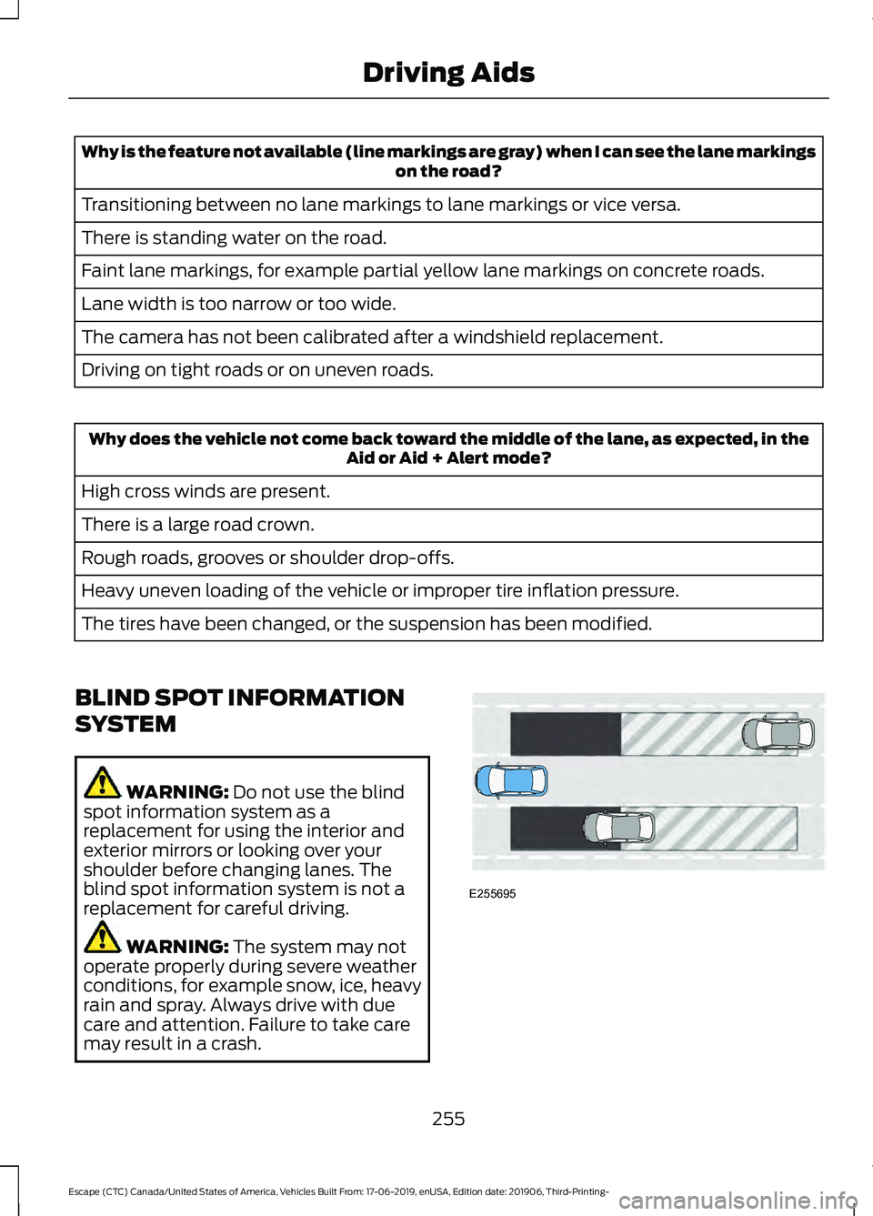 FORD ESCAPE 2020  Owners Manual Why is the feature not available (line markings are gray) when I can see the lane markings
on the road?
Transitioning between no lane markings to lane markings or vice versa.
There is standing water o