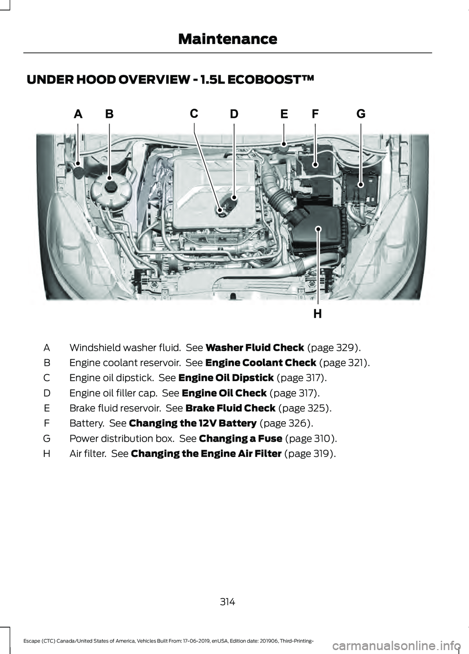 FORD ESCAPE 2020  Owners Manual UNDER HOOD OVERVIEW - 1.5L ECOBOOST™
Windshield washer fluid.  See Washer Fluid Check (page 329).
A
Engine coolant reservoir.  See 
Engine Coolant Check (page 321).
B
Engine oil dipstick.  See 
Engi