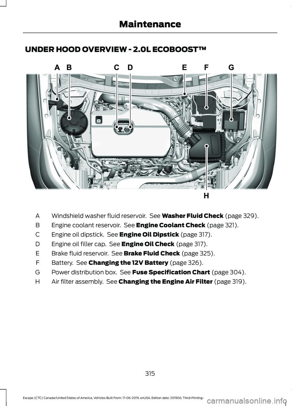 FORD ESCAPE 2020  Owners Manual UNDER HOOD OVERVIEW - 2.0L ECOBOOST™
Windshield washer fluid reservoir.  See Washer Fluid Check (page 329).
A
Engine coolant reservoir.  See 
Engine Coolant Check (page 321).
B
Engine oil dipstick. 