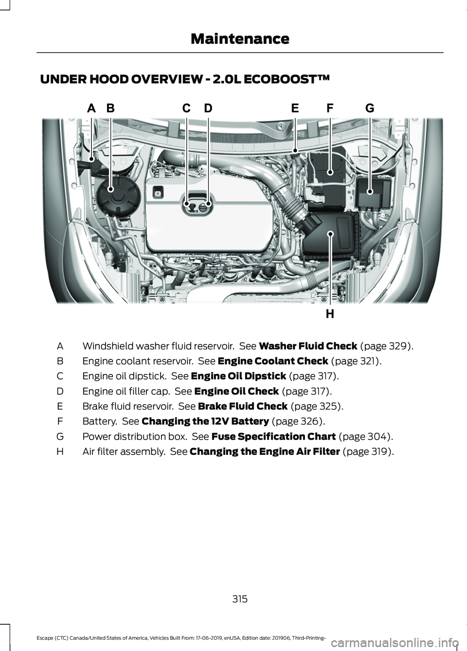 FORD ESCAPE 2020 Owners Guide UNDER HOOD OVERVIEW - 2.0L ECOBOOST™
Windshield washer fluid reservoir. See Washer Fluid Check (page 329).
A
Engine coolant reservoir. See
Engine Coolant Check (page 321).
B
Engine oil dipstick. FORD ESCAPE 2020 Owners Guide UNDER HOOD OVERVIEW - 2.0L ECOBOOST™
Windshield washer fluid reservoir. See Washer Fluid Check (page 329).
A
Engine coolant reservoir. See
Engine Coolant Check (page 321).
B
Engine oil dipstick.