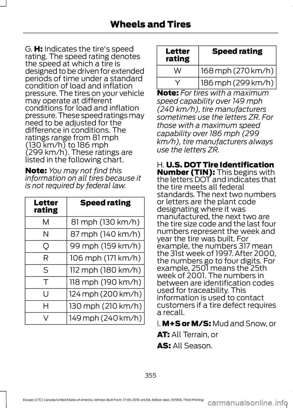 FORD ESCAPE 2020  Owners Manual G.
H: Indicates the tire's speed
rating. The speed rating denotes
the speed at which a tire is
designed to be driven for extended
periods of time under a standard
condition of load and inflation
p