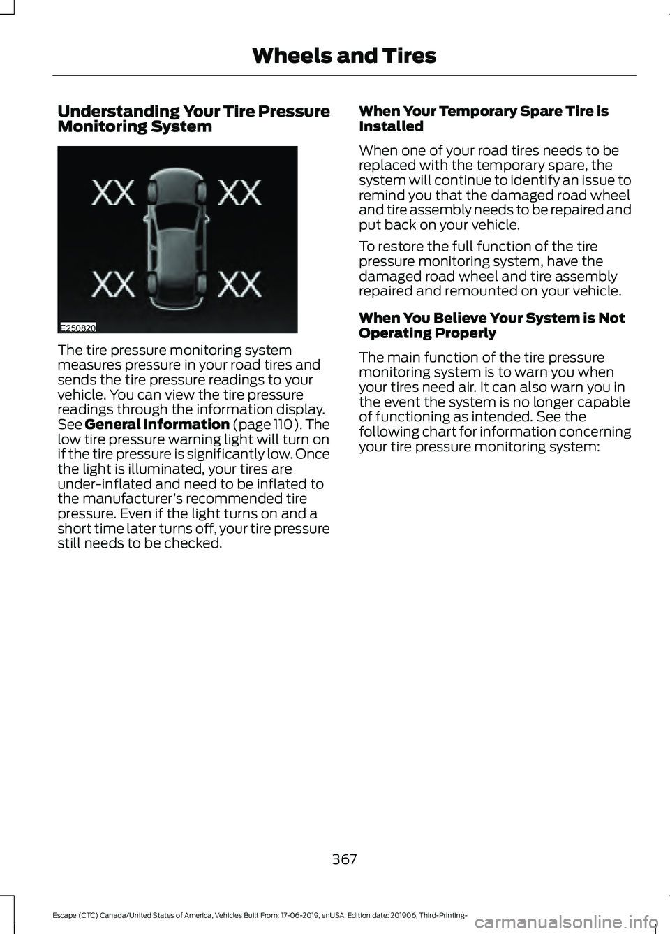 FORD ESCAPE 2020  Owners Manual Understanding Your Tire Pressure
Monitoring System
The tire pressure monitoring system
measures pressure in your road tires and
sends the tire pressure readings to your
vehicle. You can view the tire 