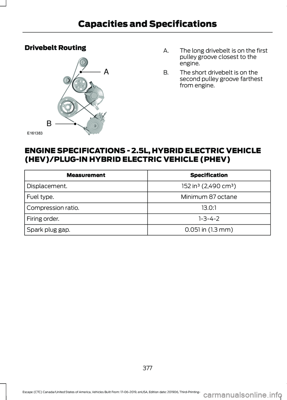 FORD ESCAPE 2020 Owners Manual Drivebelt Routing
The long drivebelt is on the first
pulley groove closest to the
engine.
A.
The short drivebelt is on the
second pulley groove farthest
from engine.
B.
ENGINE SPECIFICATIONS - 2.5L, H FORD ESCAPE 2020 Owners Manual Drivebelt Routing
The long drivebelt is on the first
pulley groove closest to the
engine.
A.
The short drivebelt is on the
second pulley groove farthest
from engine.
B.
ENGINE SPECIFICATIONS - 2.5L, H