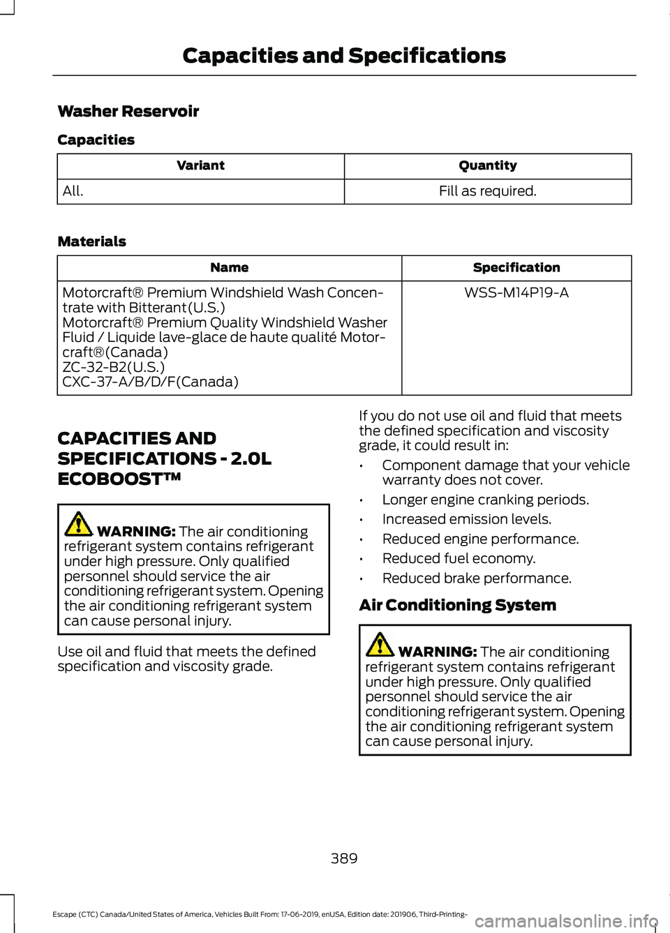 FORD ESCAPE 2020 Owners Manual Washer Reservoir
Capacities
Quantity
Variant
Fill as required.
All.
Materials Specification
Name
WSS-M14P19-A
Motorcraft® Premium Windshield Wash Concen-
trate with Bitterant(U.S.)
Motorcraft® Premi FORD ESCAPE 2020 Owners Manual Washer Reservoir
Capacities
Quantity
Variant
Fill as required.
All.
Materials Specification
Name
WSS-M14P19-A
Motorcraft® Premium Windshield Wash Concen-
trate with Bitterant(U.S.)
Motorcraft® Premi