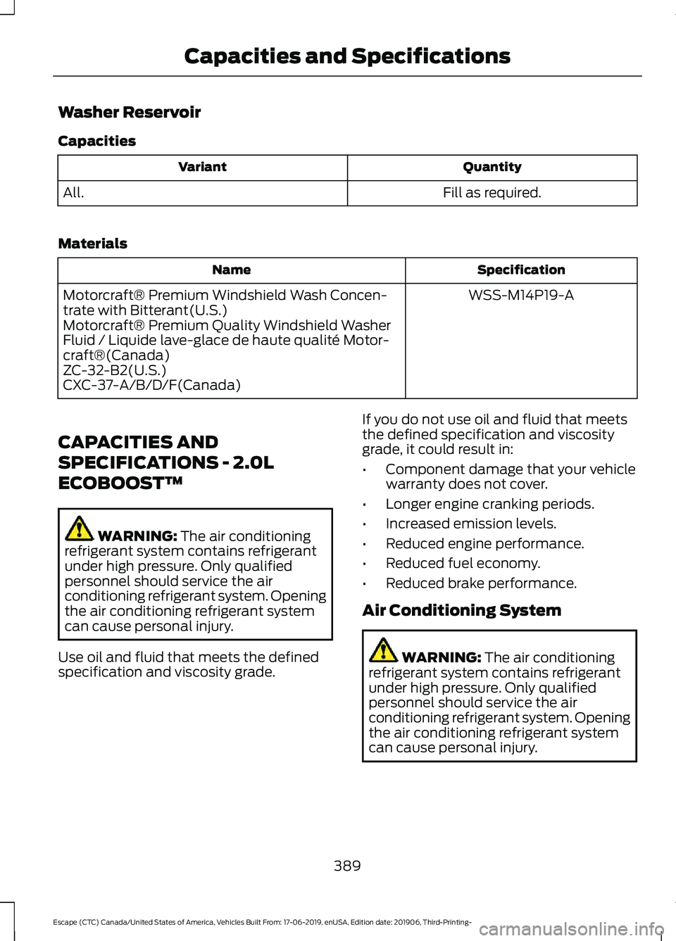 FORD ESCAPE 2020  Owners Manual Washer Reservoir
Capacities
Quantity
Variant
Fill as required.
All.
Materials Specification
Name
WSS-M14P19-A
Motorcraft® Premium Windshield Wash Concen-
trate with Bitterant(U.S.)
Motorcraft® Premi