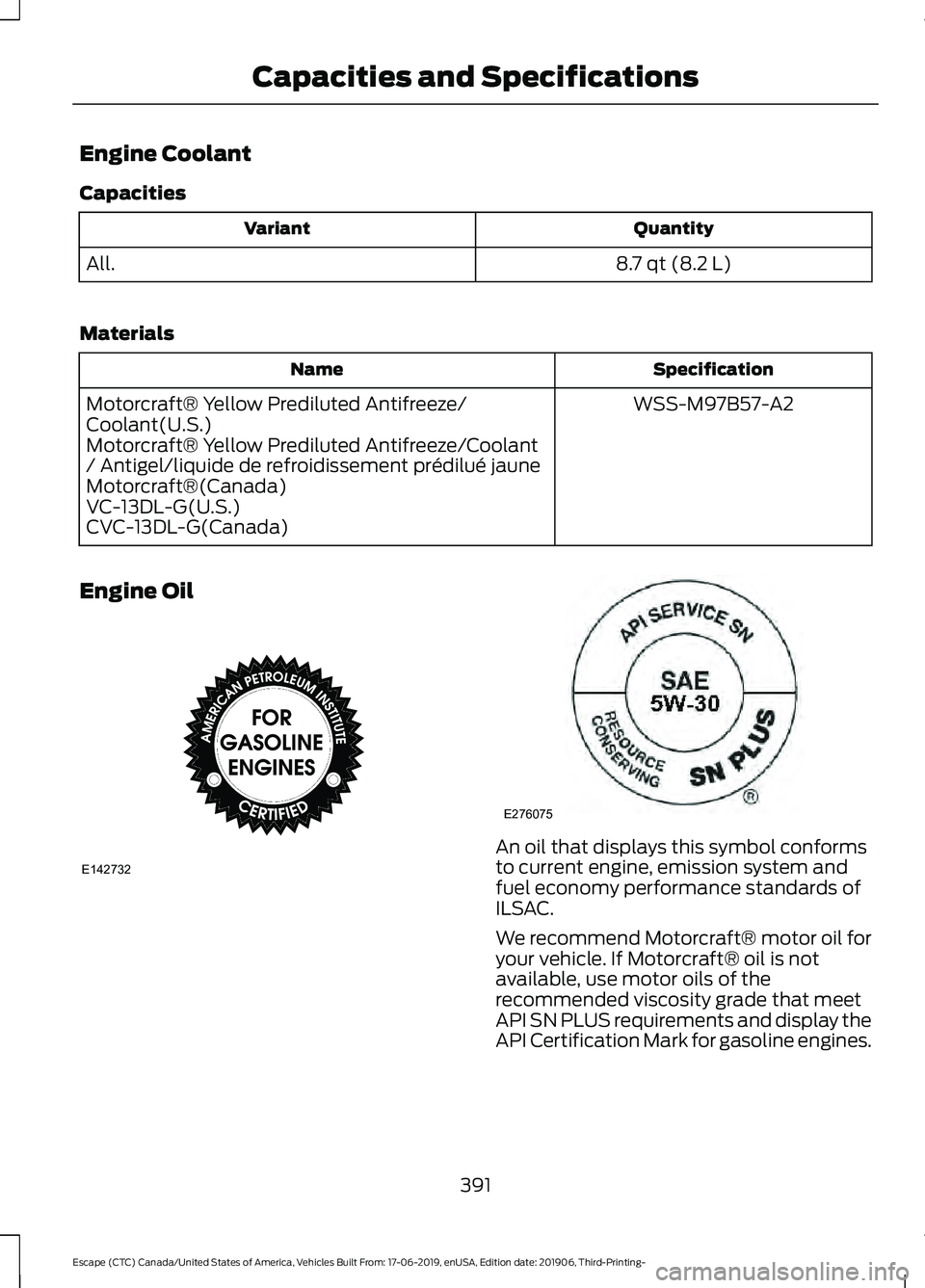 FORD ESCAPE 2020 Owners Manual Engine Coolant
Capacities
Quantity
Variant
8.7 qt (8.2 L)
All.
Materials Specification
Name
WSS-M97B57-A2
Motorcraft® Yellow Prediluted Antifreeze/
Coolant(U.S.)
Motorcraft® Yellow Prediluted Antifr FORD ESCAPE 2020 Owners Manual Engine Coolant
Capacities
Quantity
Variant
8.7 qt (8.2 L)
All.
Materials Specification
Name
WSS-M97B57-A2
Motorcraft® Yellow Prediluted Antifreeze/
Coolant(U.S.)
Motorcraft® Yellow Prediluted Antifr