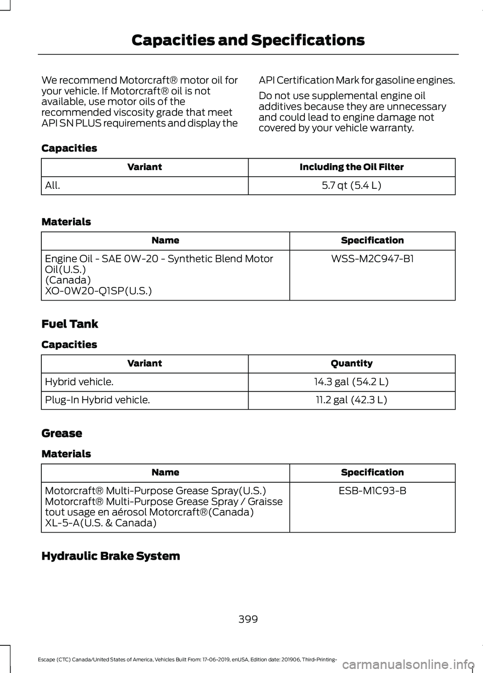 FORD ESCAPE 2020  Owners Manual We recommend Motorcraft® motor oil for
your vehicle. If Motorcraft® oil is not
available, use motor oils of the
recommended viscosity grade that meet
API SN PLUS requirements and display the
API Cer